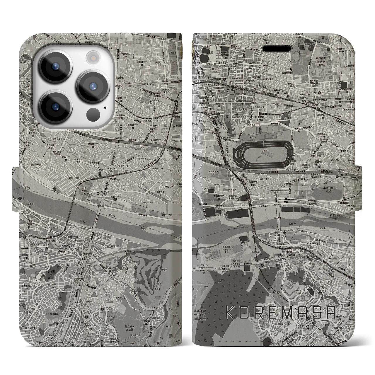 【是政(東京都)】地図柄iPhoneケース(手帳タイプ)モノトーン・iPhone 14 Pro 用