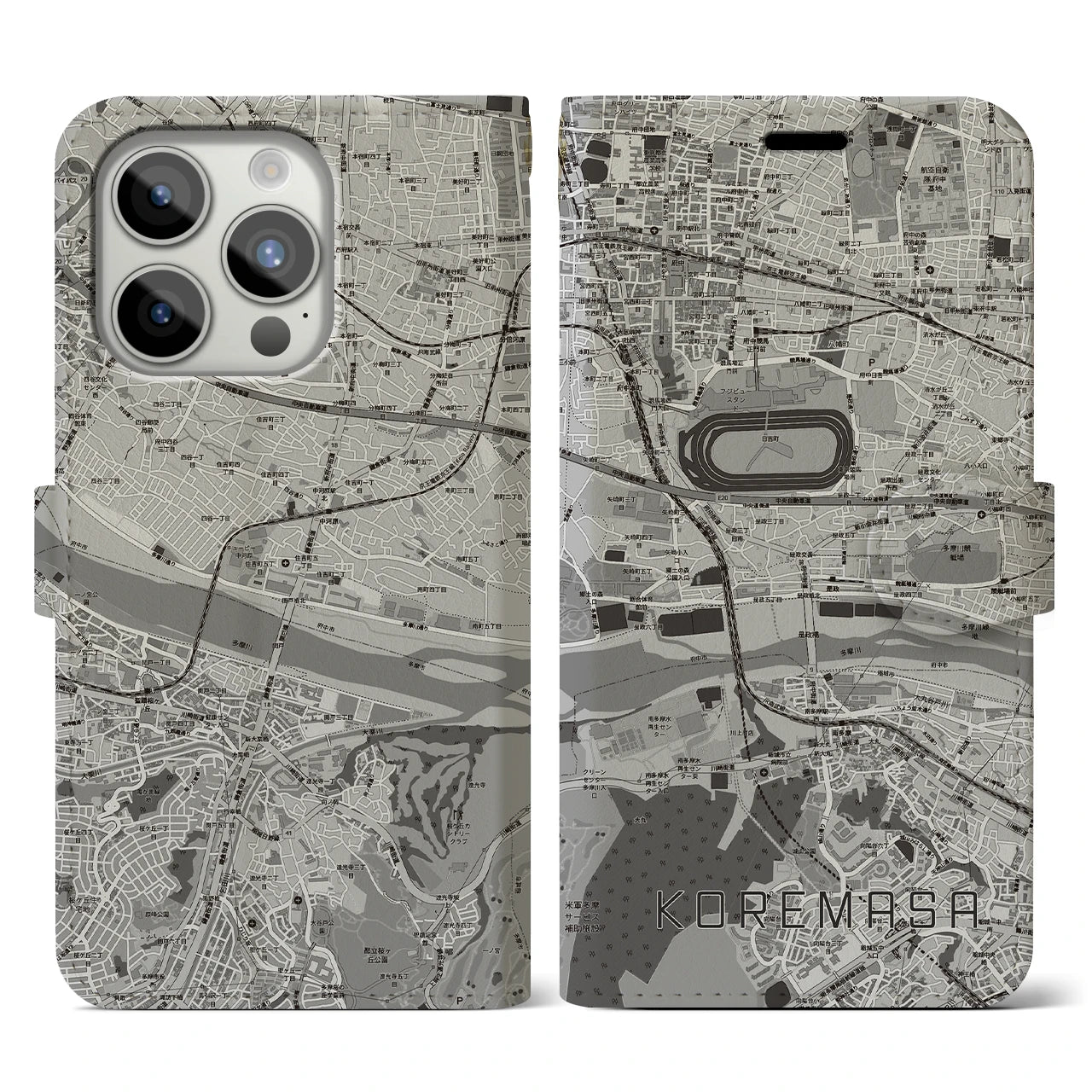 【是政(東京都)】地図柄iPhoneケース(手帳タイプ)モノトーン・iPhone 15 Pro 用