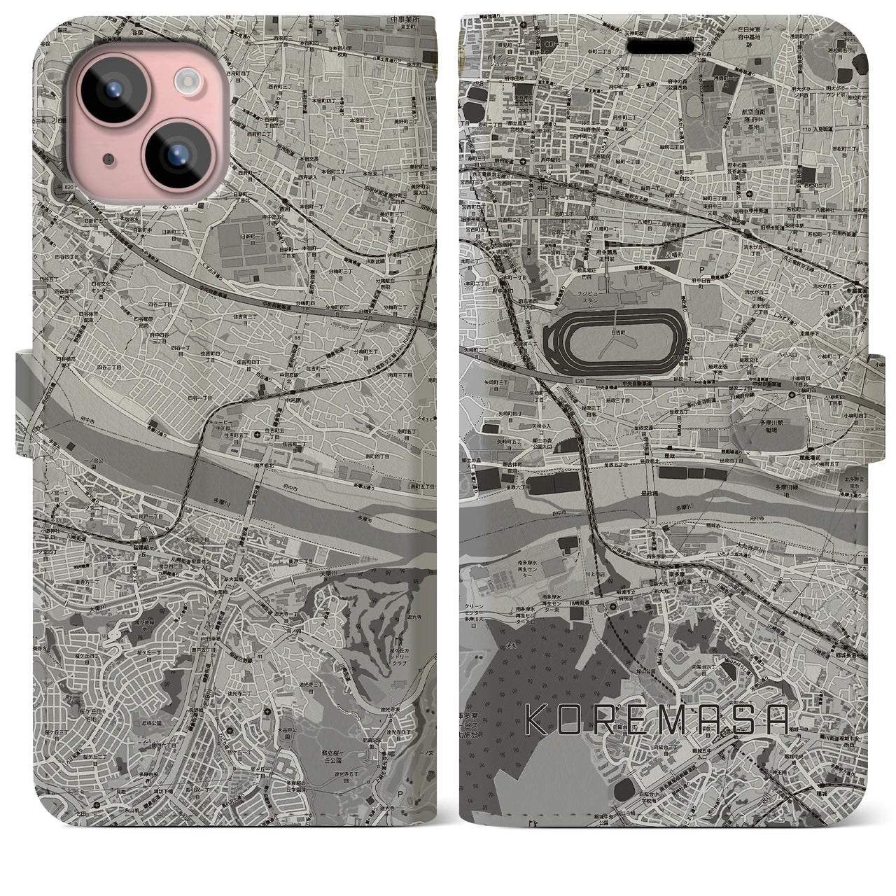 【是政(東京都)】地図柄iPhoneケース(手帳タイプ)モノトーン・iPhone 15 Plus 用