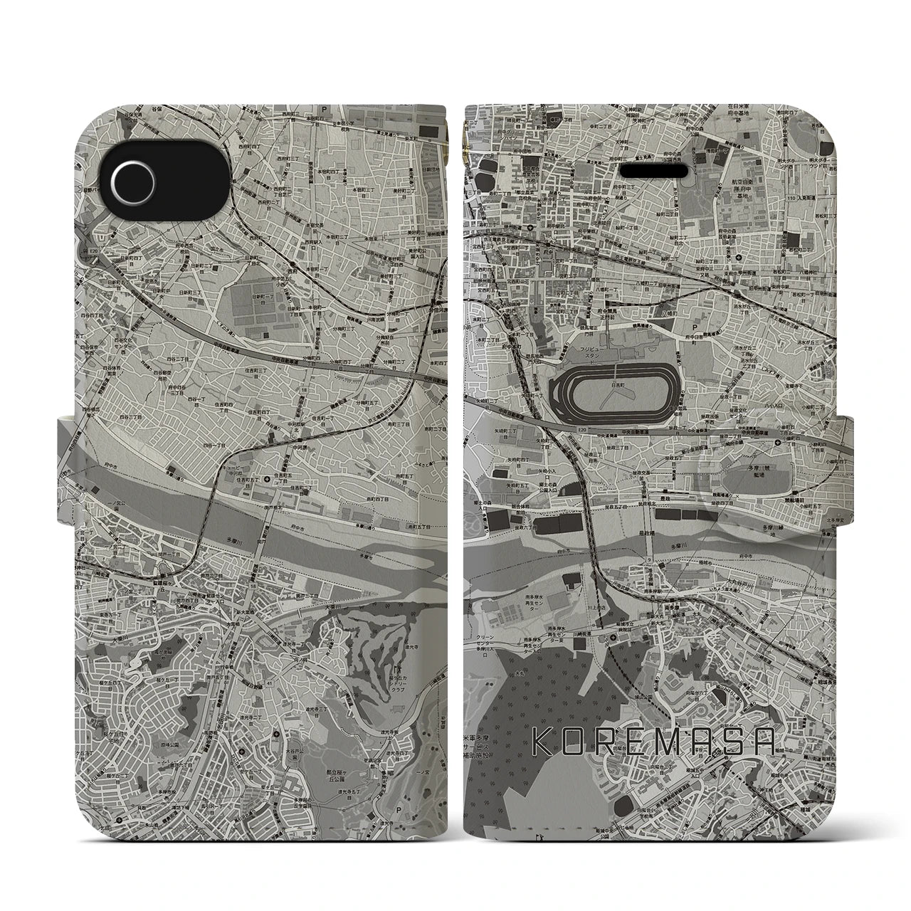 【是政(東京都)】地図柄iPhoneケース(手帳タイプ)モノトーン・iPhone SE(第3 / 第2世代) / 8 / 7 / 6s / 6 用