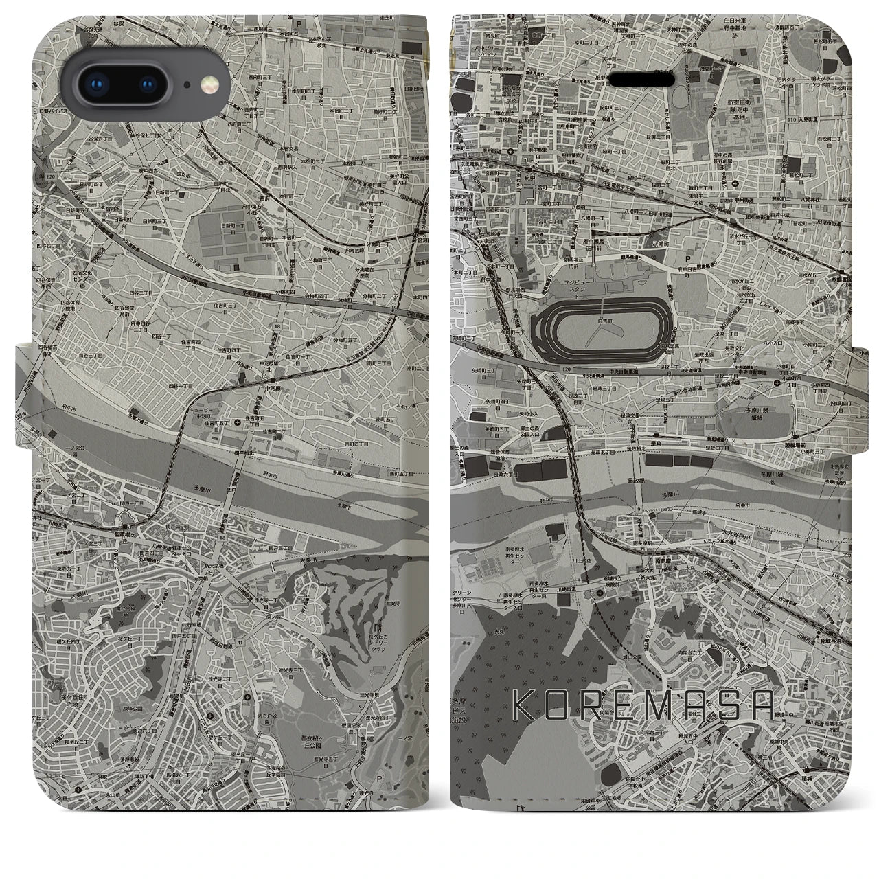 【是政(東京都)】地図柄iPhoneケース(手帳タイプ)モノトーン・iPhone 8Plus /7Plus / 6sPlus / 6Plus 用