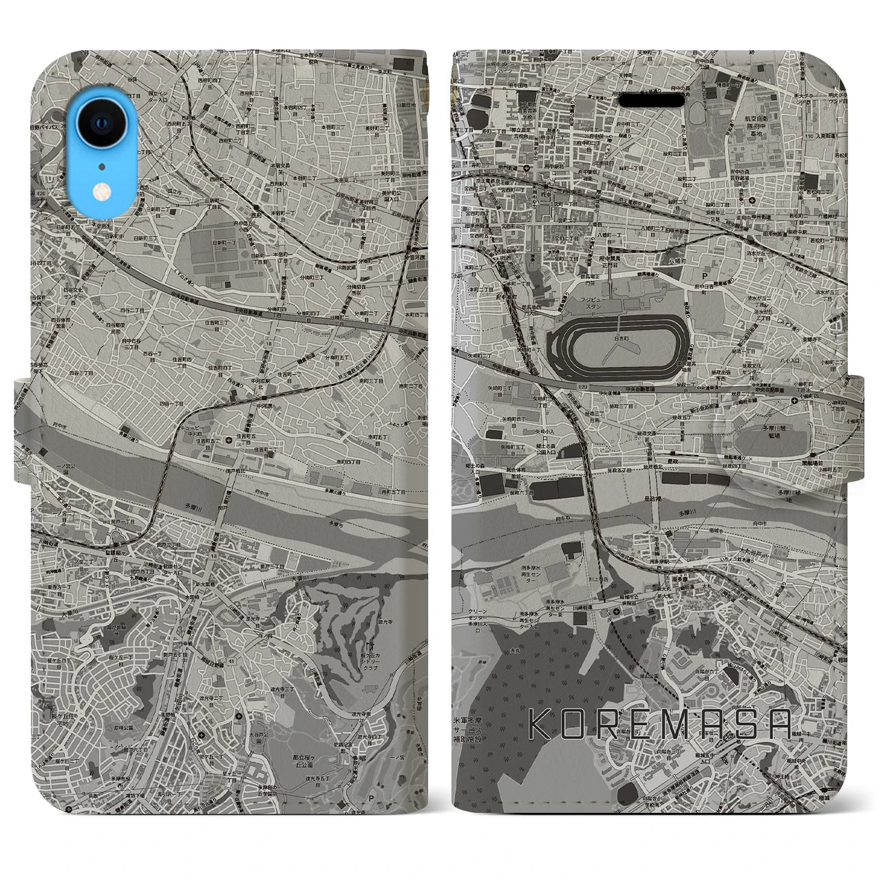 【是政(東京都)】地図柄iPhoneケース(手帳タイプ)モノトーン・iPhone XR 用
