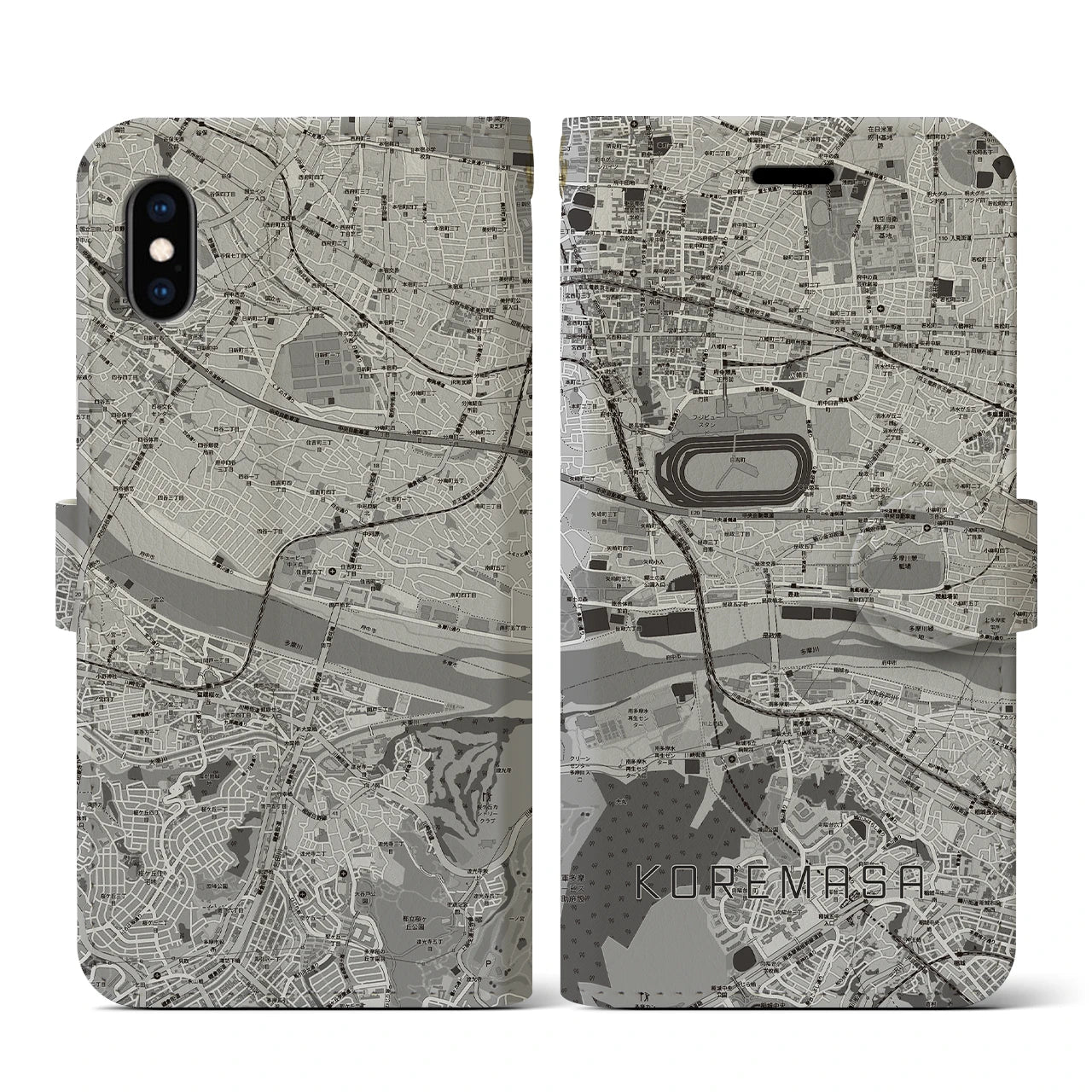 【是政(東京都)】地図柄iPhoneケース(手帳タイプ)モノトーン・iPhone XS / X 用