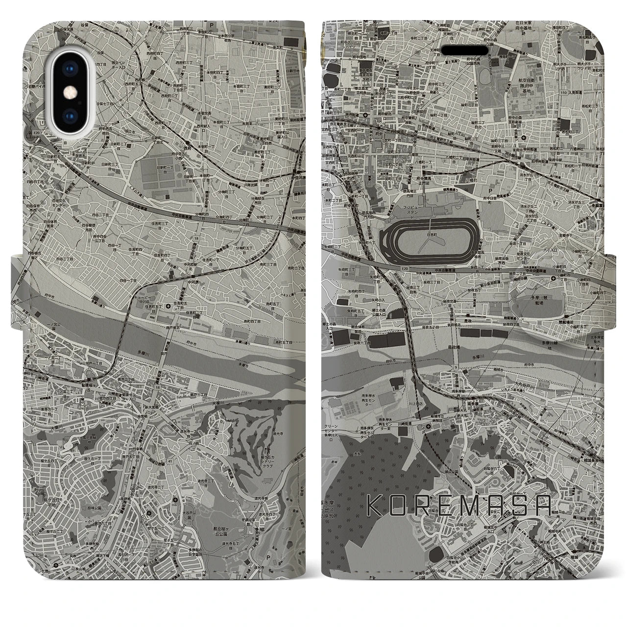 【是政(東京都)】地図柄iPhoneケース(手帳タイプ)モノトーン・iPhone XS Max 用