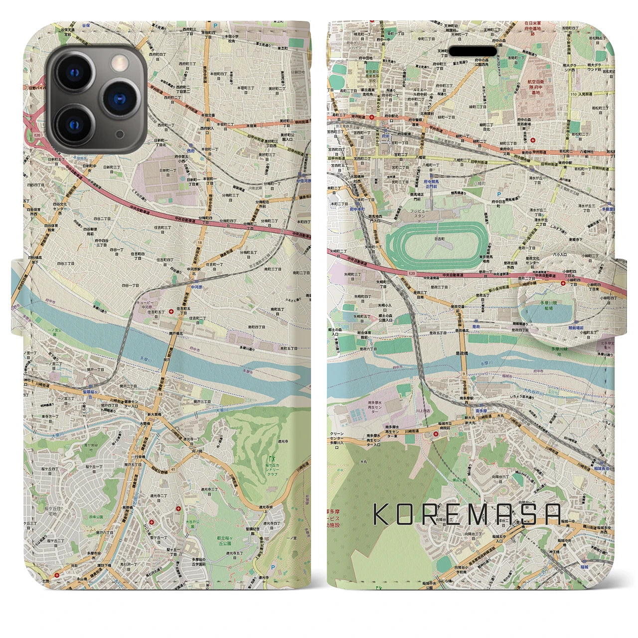【是政(東京都)】地図柄iPhoneケース(手帳タイプ)ナチュラル・iPhone 11 Pro Max 用