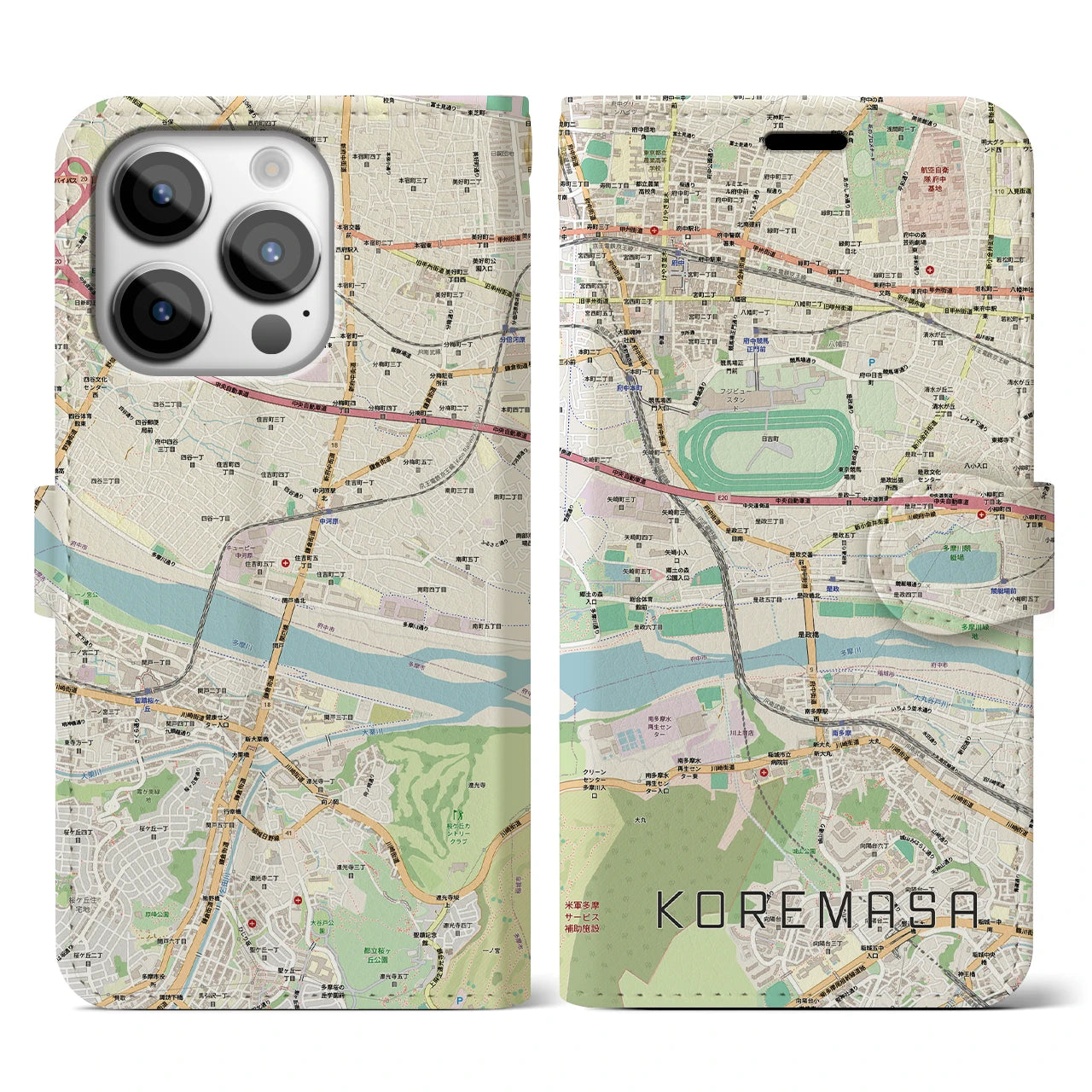 【是政(東京都)】地図柄iPhoneケース(手帳タイプ)ナチュラル・iPhone 14 Pro 用