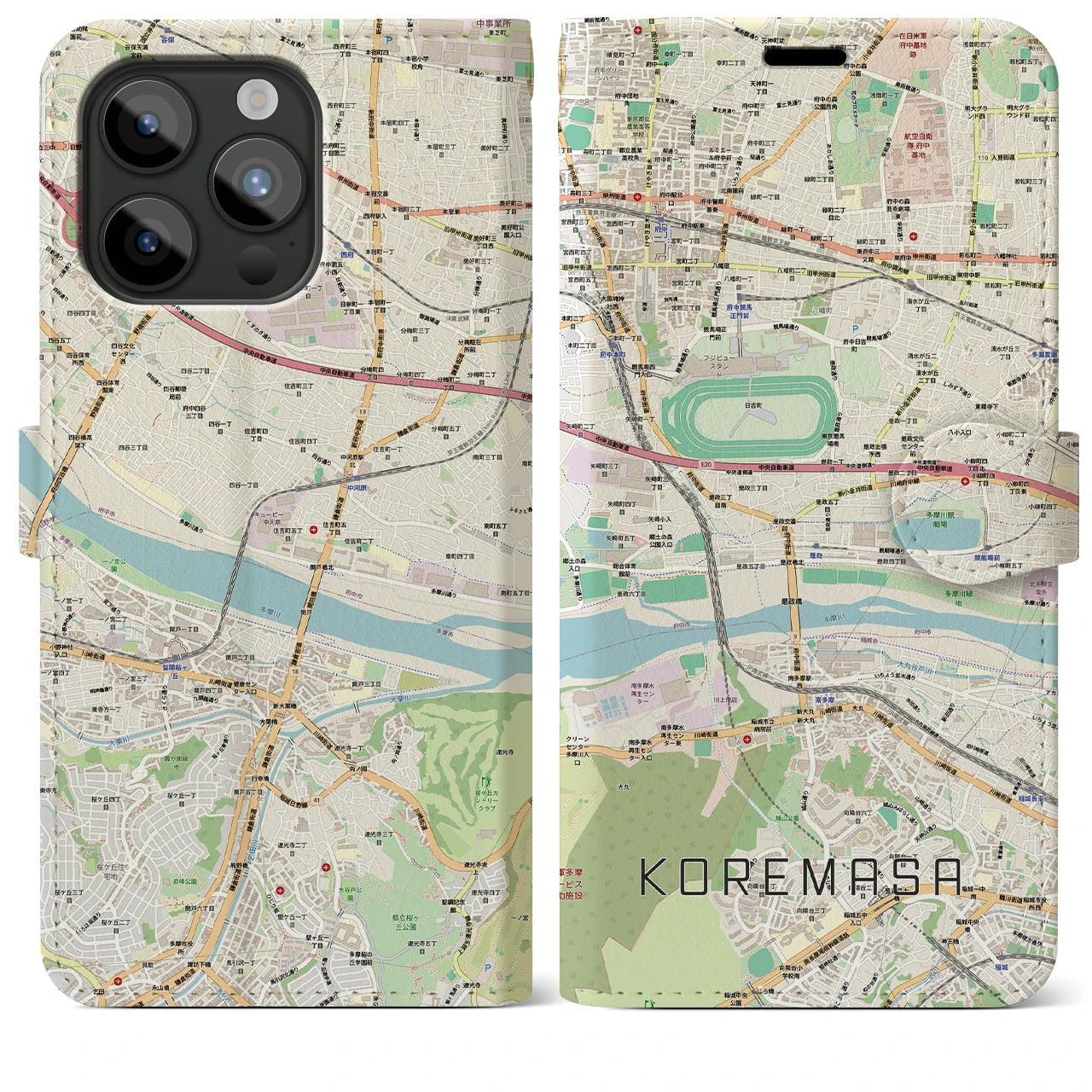 【是政(東京都)】地図柄iPhoneケース(手帳タイプ)ナチュラル・iPhone 15 Pro Max 用