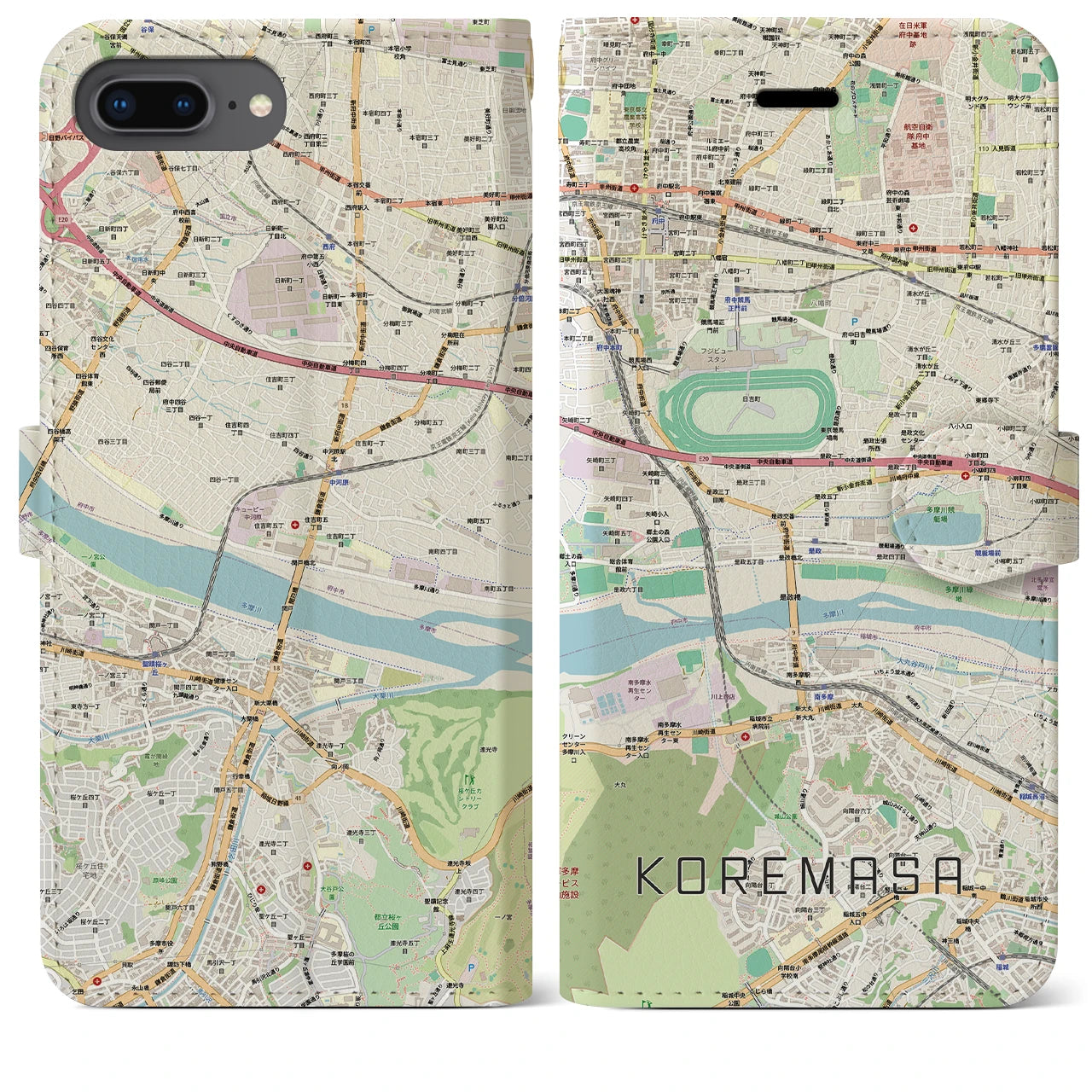 【是政(東京都)】地図柄iPhoneケース(手帳タイプ)ナチュラル・iPhone 8Plus /7Plus / 6sPlus / 6Plus 用