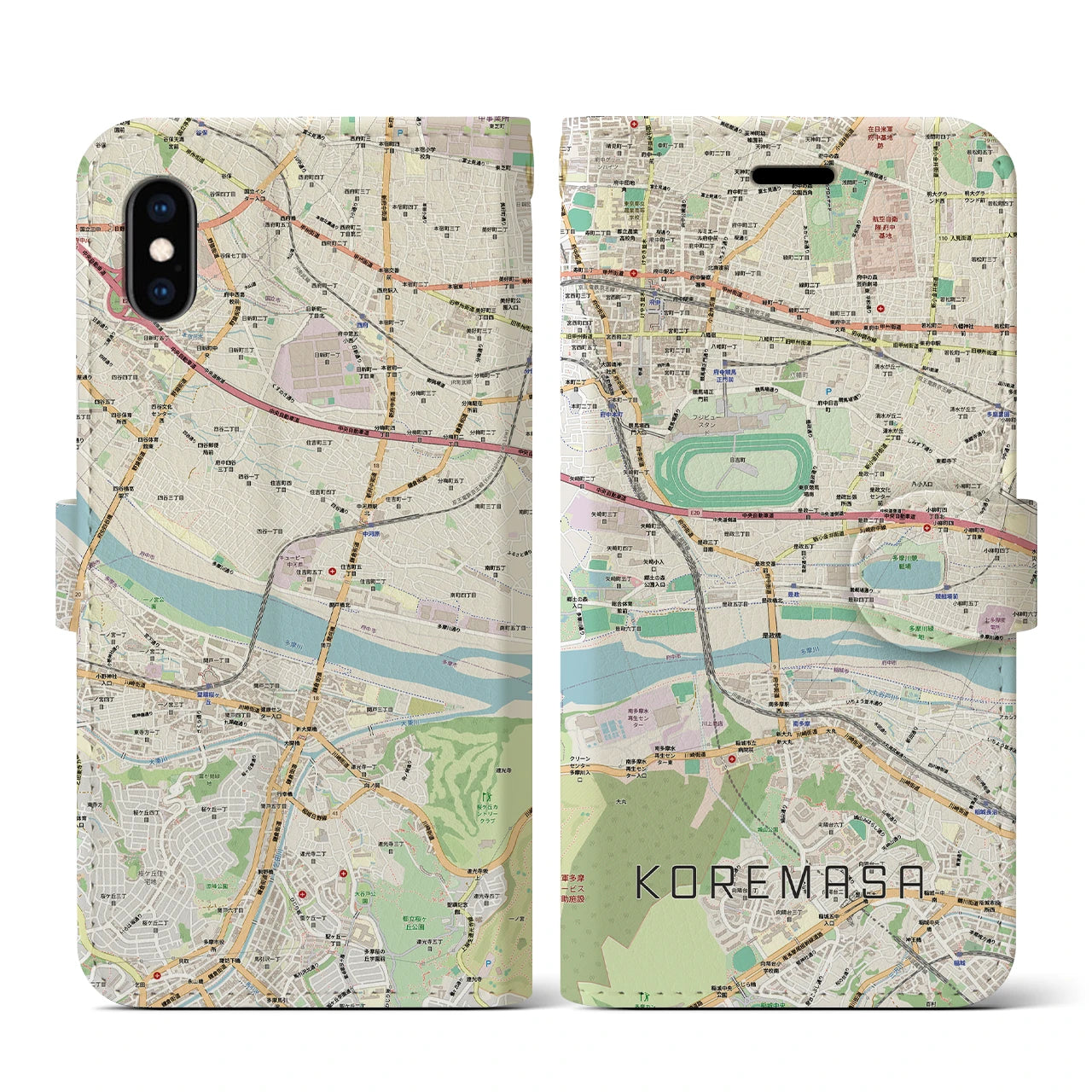 【是政(東京都)】地図柄iPhoneケース(手帳タイプ)ナチュラル・iPhone XS / X 用