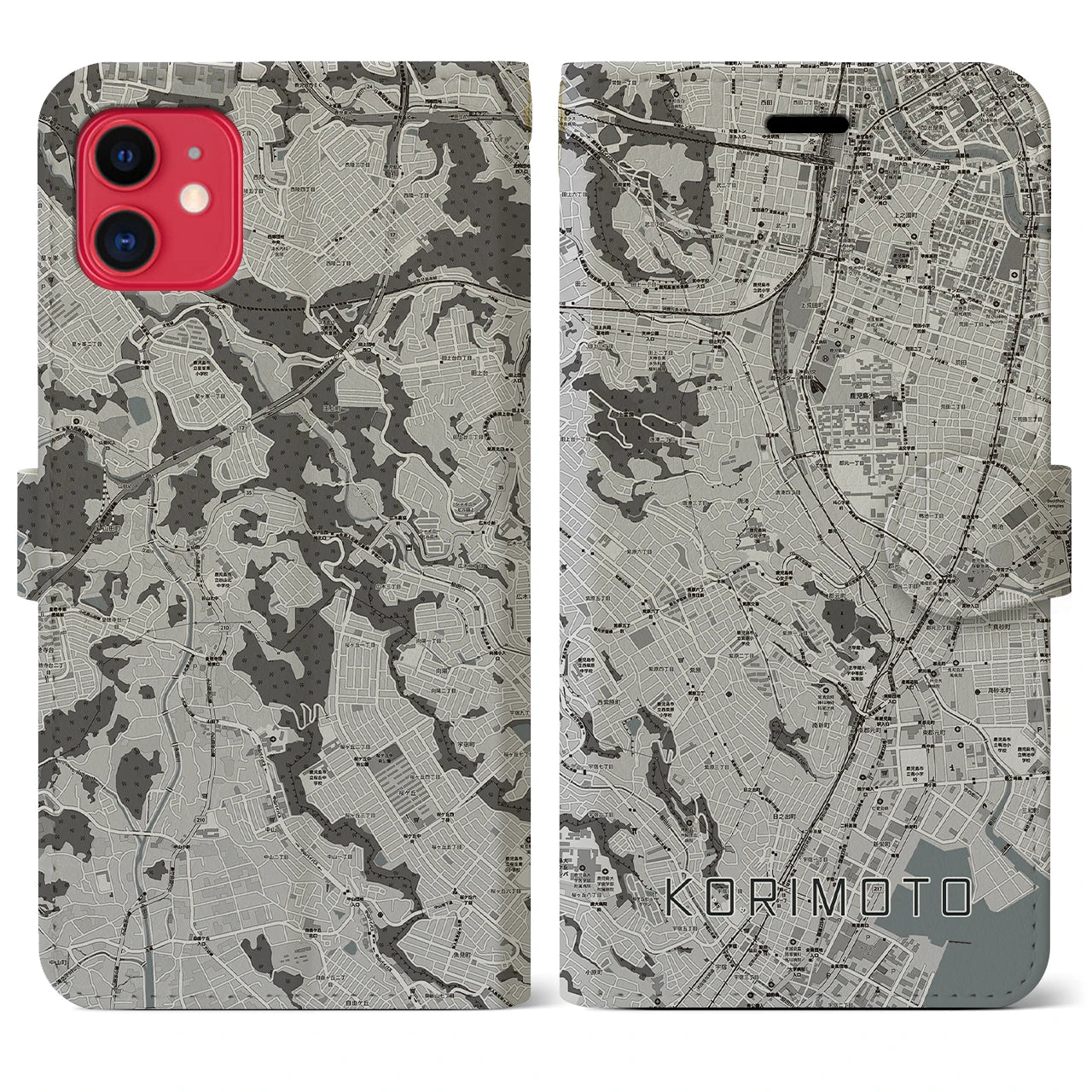【郡元(鹿児島県)】地図柄iPhoneケース(手帳タイプ)モノトーン・iPhone 11 用