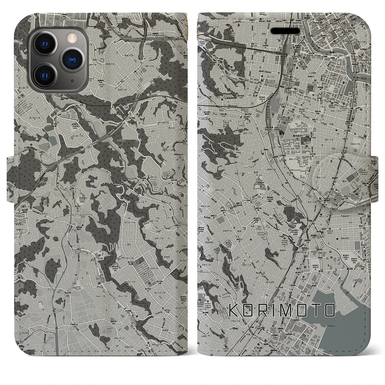 【郡元(鹿児島県)】地図柄iPhoneケース(手帳タイプ)モノトーン・iPhone 11 Pro Max 用