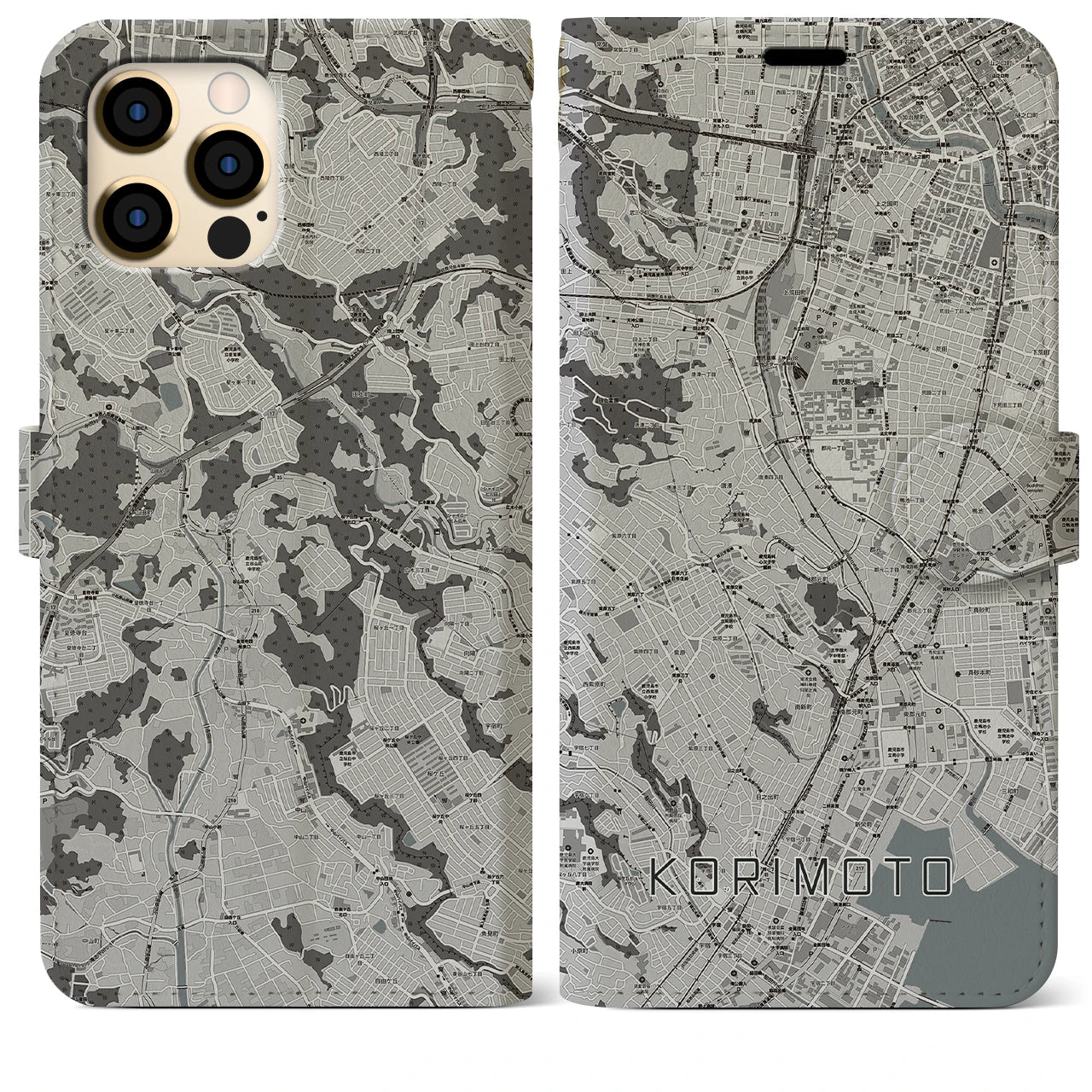 【郡元(鹿児島県)】地図柄iPhoneケース(手帳タイプ)モノトーン・iPhone 12 Pro Max 用