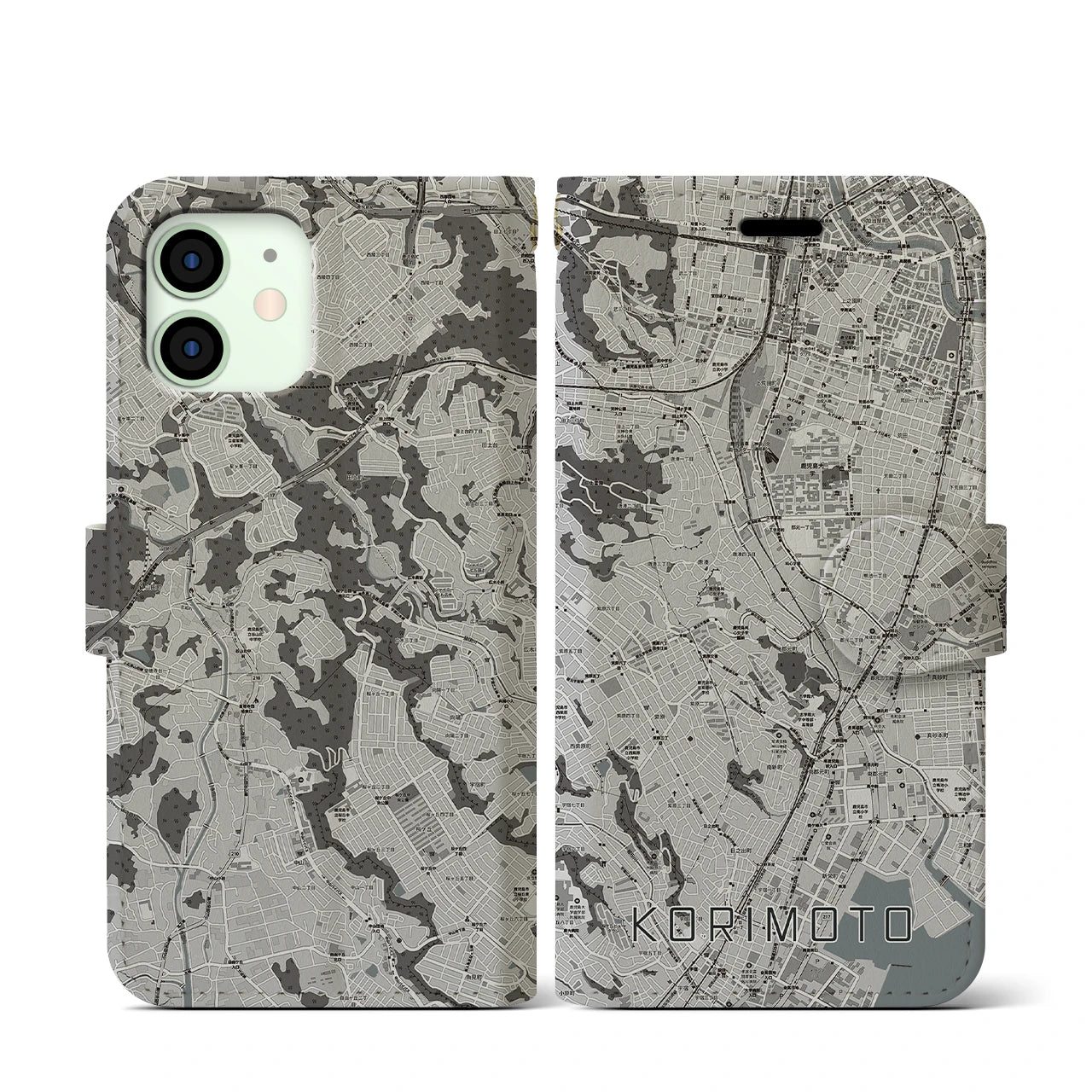 【郡元(鹿児島県)】地図柄iPhoneケース(手帳タイプ)モノトーン・iPhone 12 mini 用