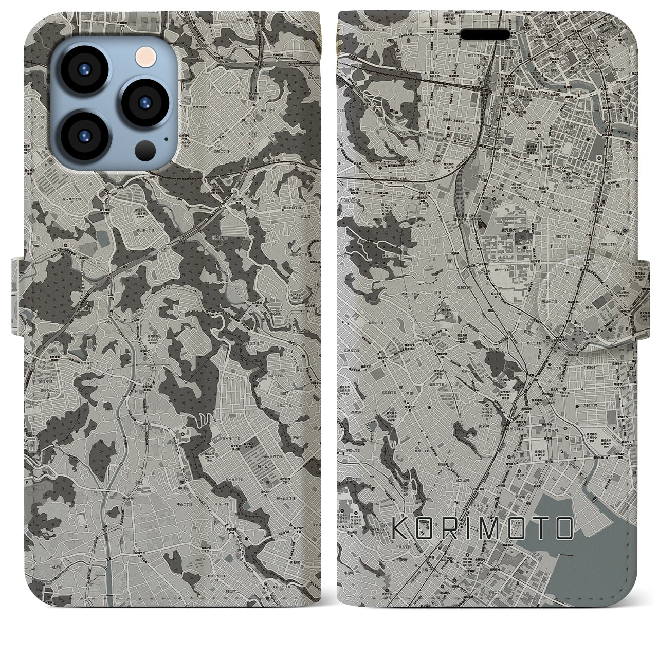 【郡元(鹿児島県)】地図柄iPhoneケース(手帳タイプ)モノトーン・iPhone 13 Pro Max 用