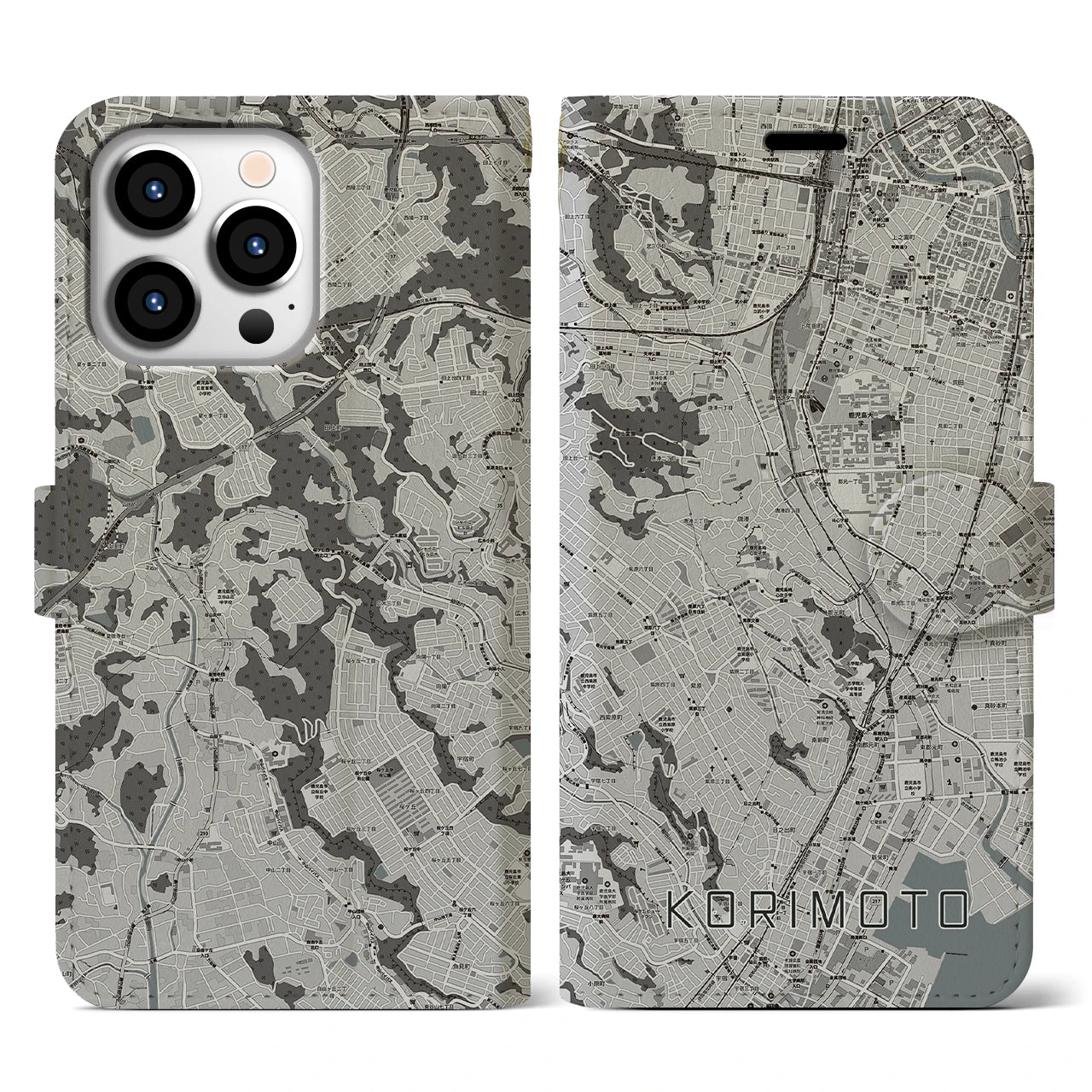 【郡元(鹿児島県)】地図柄iPhoneケース(手帳タイプ)モノトーン・iPhone 13 Pro 用