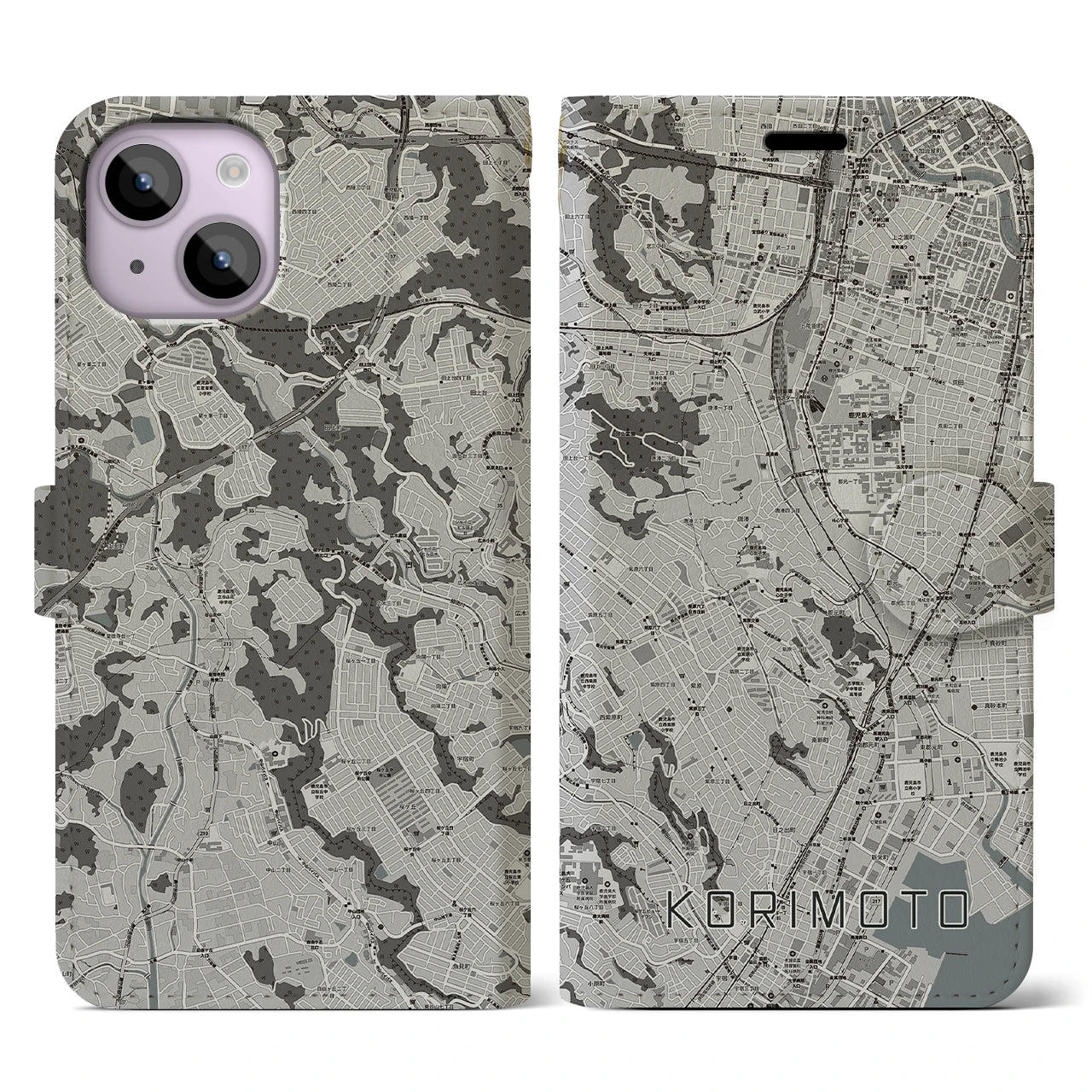 【郡元(鹿児島県)】地図柄iPhoneケース(手帳タイプ)モノトーン・iPhone 14 用