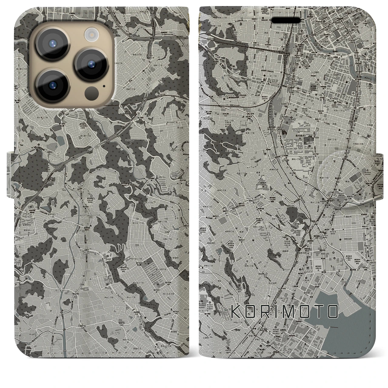 【郡元(鹿児島県)】地図柄iPhoneケース(手帳タイプ)モノトーン・iPhone 14 Pro Max 用