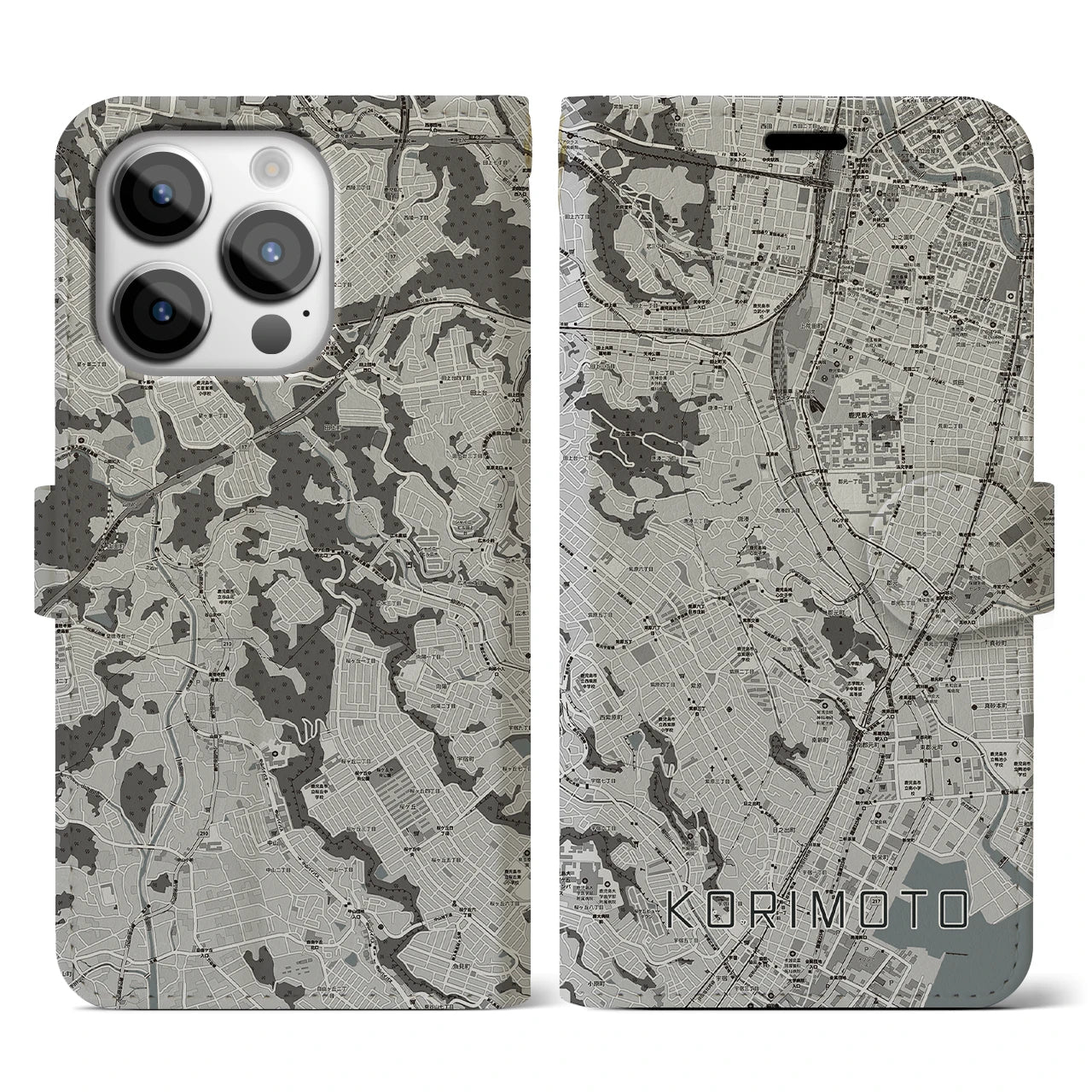 【郡元(鹿児島県)】地図柄iPhoneケース(手帳タイプ)モノトーン・iPhone 14 Pro 用