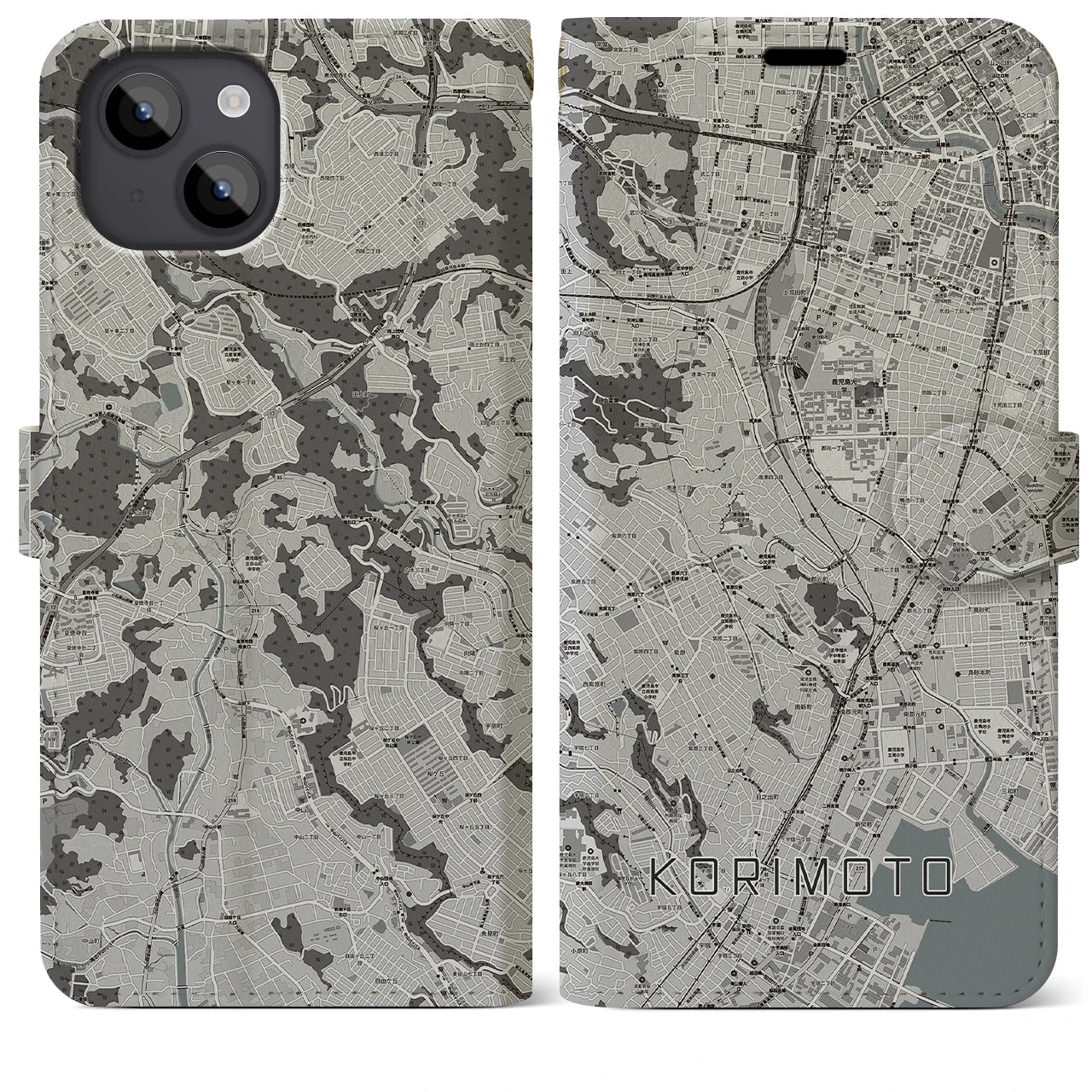 【郡元(鹿児島県)】地図柄iPhoneケース(手帳タイプ)モノトーン・iPhone 14 Plus 用