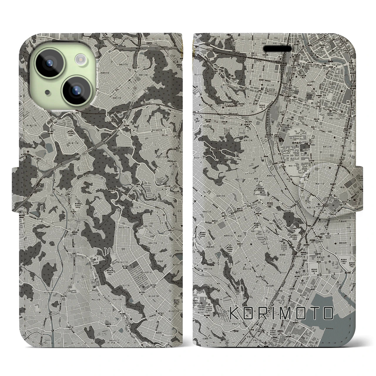【郡元(鹿児島県)】地図柄iPhoneケース(手帳タイプ)モノトーン・iPhone 15 用