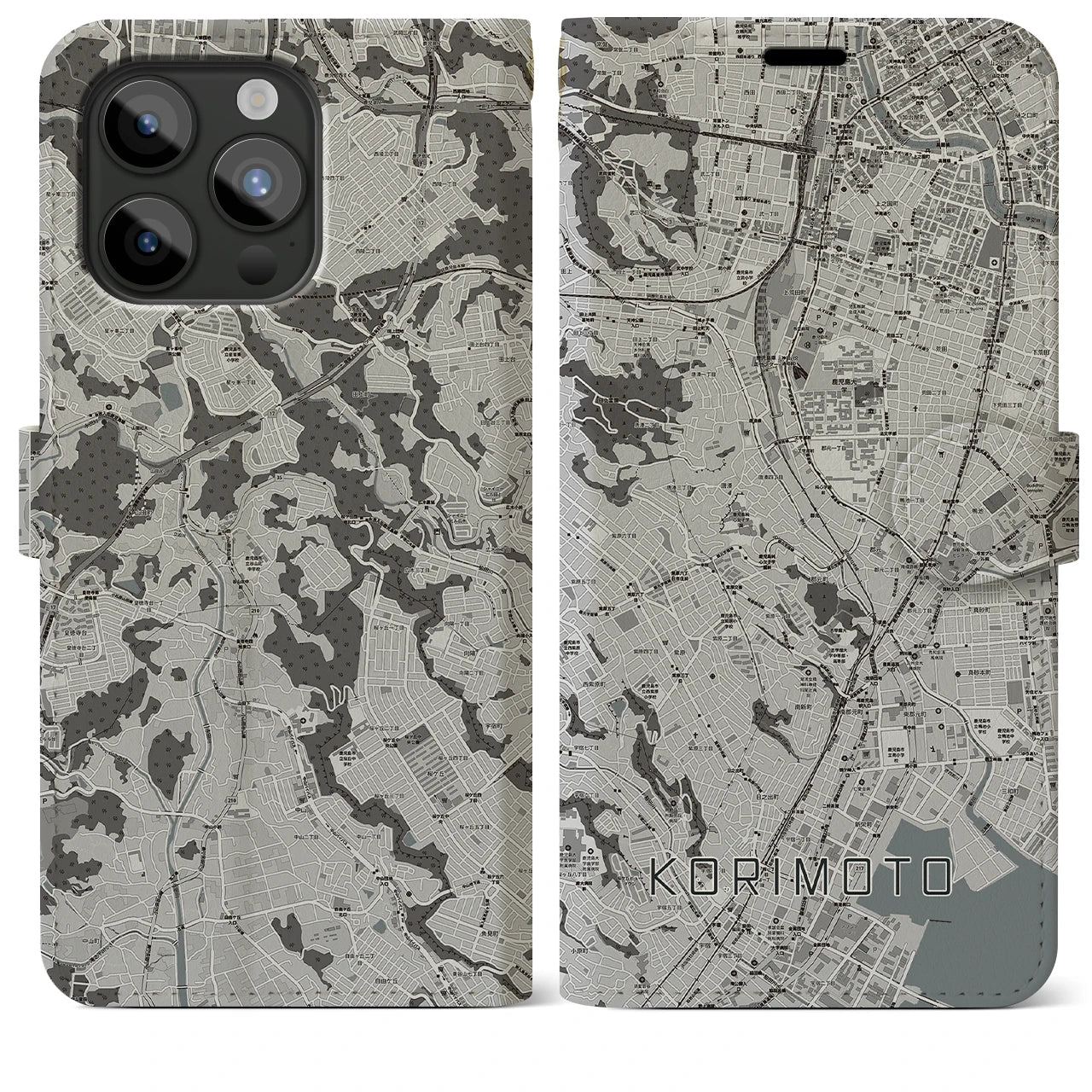 【郡元(鹿児島県)】地図柄iPhoneケース(手帳タイプ)モノトーン・iPhone 15 Pro Max 用