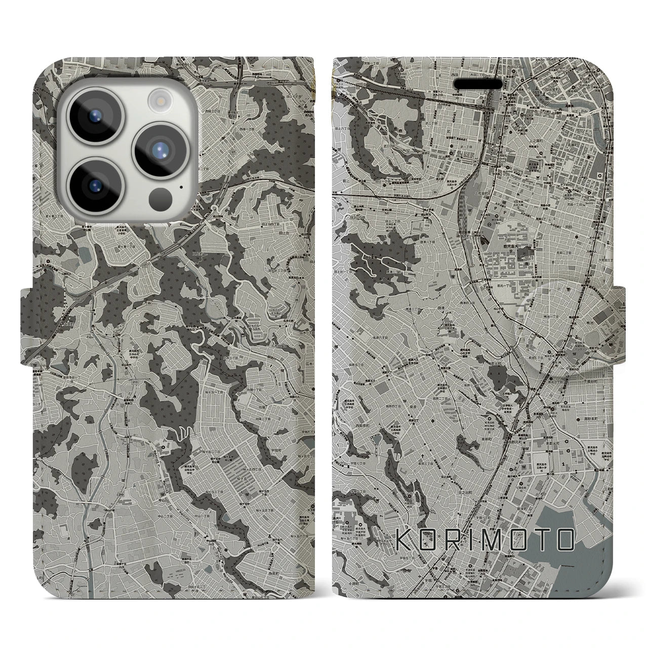 【郡元(鹿児島県)】地図柄iPhoneケース(手帳タイプ)モノトーン・iPhone 15 Pro 用