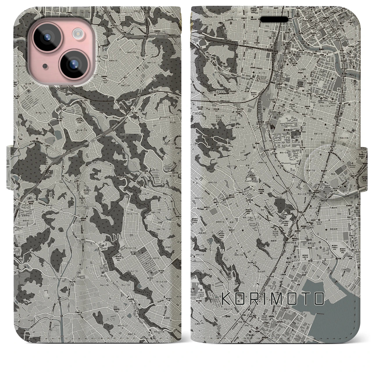 【郡元(鹿児島県)】地図柄iPhoneケース(手帳タイプ)モノトーン・iPhone 15 Plus 用