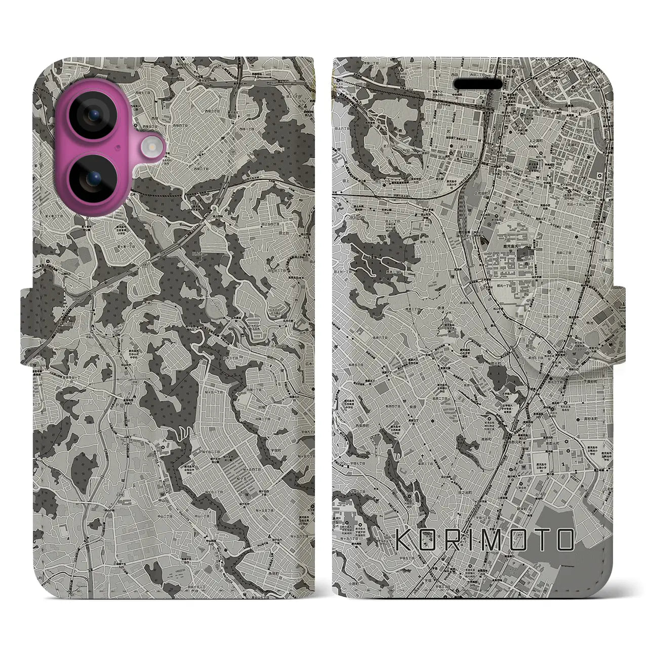 【郡元(鹿児島県)】地図柄iPhoneケース(手帳タイプ)モノトーン・iPhone 16 Pro 用