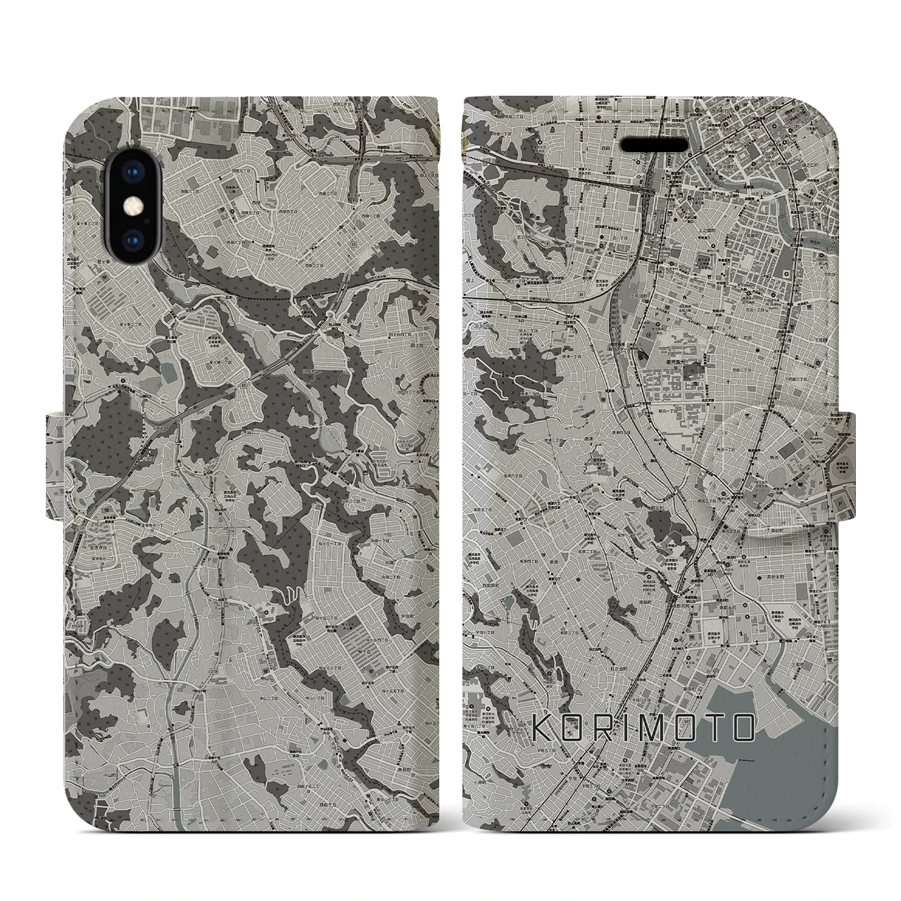 【郡元(鹿児島県)】地図柄iPhoneケース(手帳タイプ)モノトーン・iPhone XS / X 用