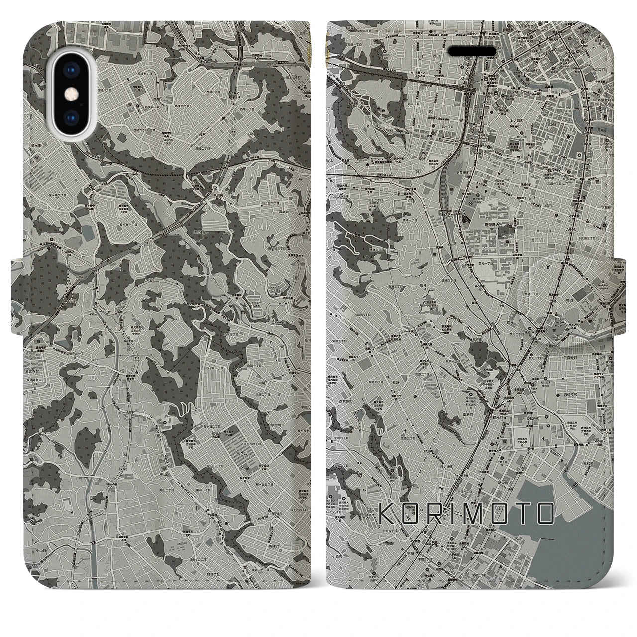【郡元(鹿児島県)】地図柄iPhoneケース(手帳タイプ)モノトーン・iPhone XS Max 用