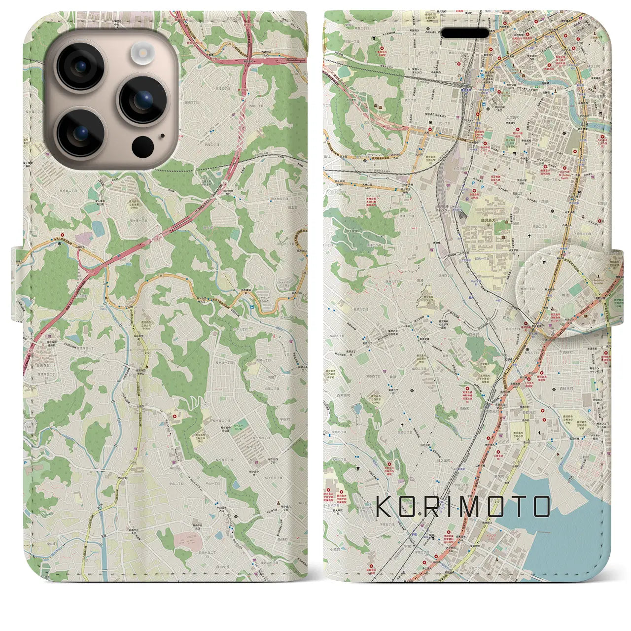 【郡元(鹿児島県)】地図柄iPhoneケース(手帳タイプ)ナチュラル・iPhone 16 Plus 用