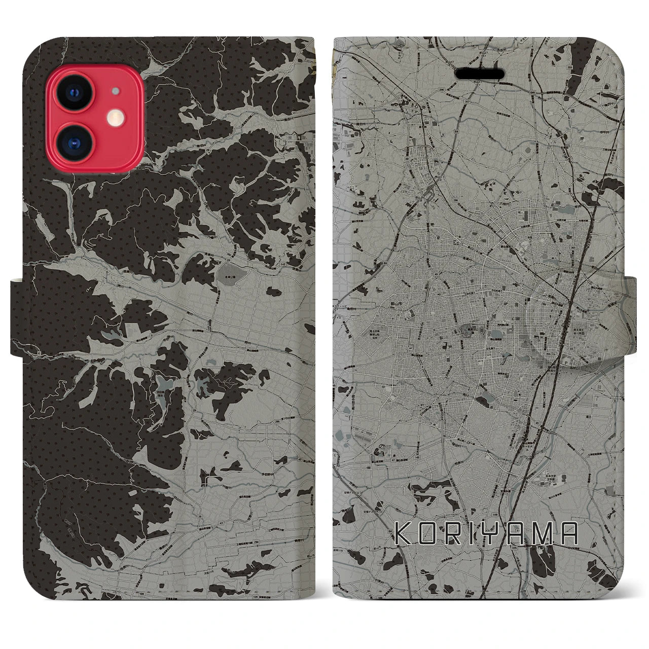 【郡山(福島県)】地図柄iPhoneケース(手帳タイプ)モノトーン・iPhone 11 用