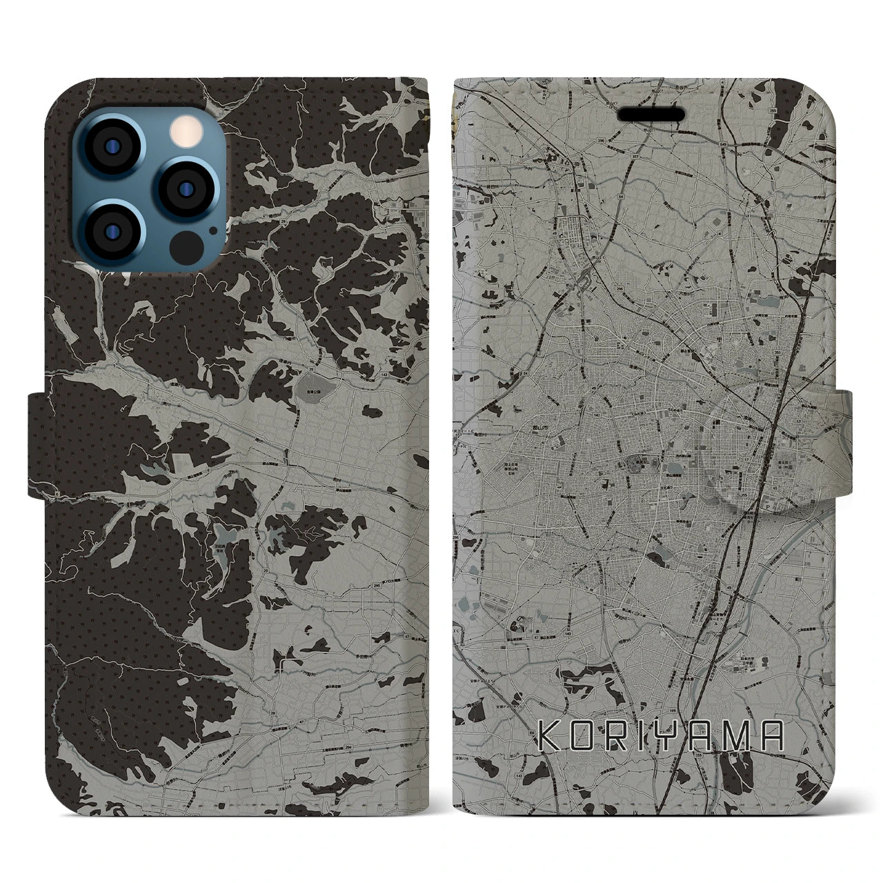 【郡山(福島県)】地図柄iPhoneケース(手帳タイプ)モノトーン・iPhone 12 / 12 Pro 用