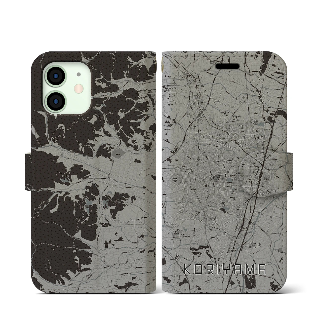 【郡山(福島県)】地図柄iPhoneケース(手帳タイプ)モノトーン・iPhone 12 mini 用