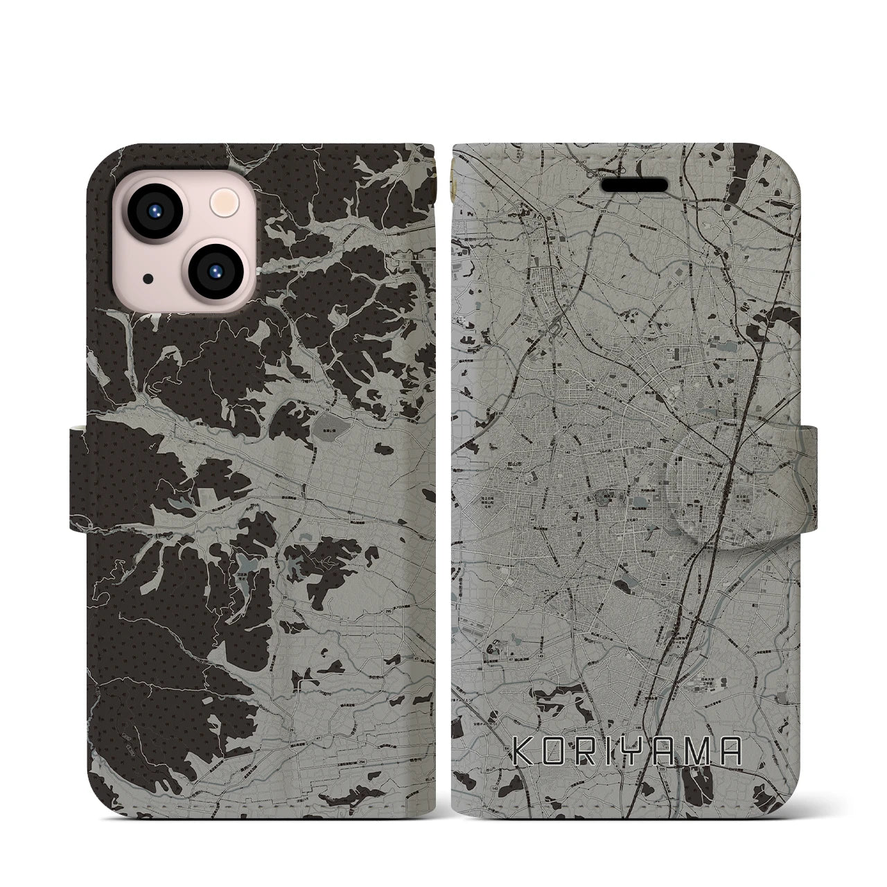 【郡山(福島県)】地図柄iPhoneケース(手帳タイプ)モノトーン・iPhone 13 mini 用