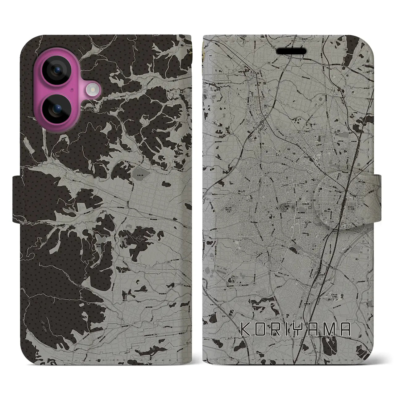 【郡山(福島県)】地図柄iPhoneケース(手帳タイプ)モノトーン・iPhone 16 Pro 用