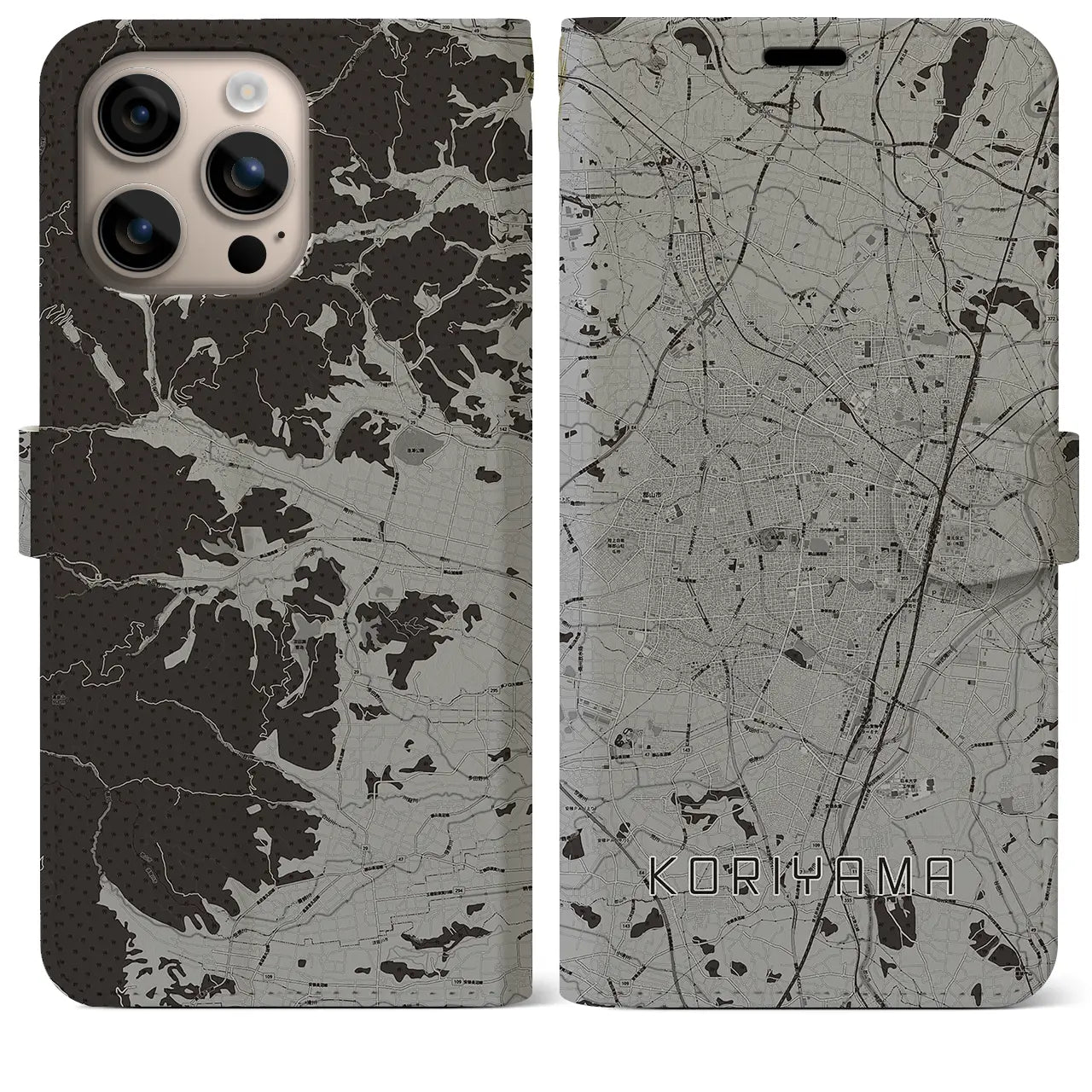【郡山(福島県)】地図柄iPhoneケース(手帳タイプ)モノトーン・iPhone 16 Plus 用