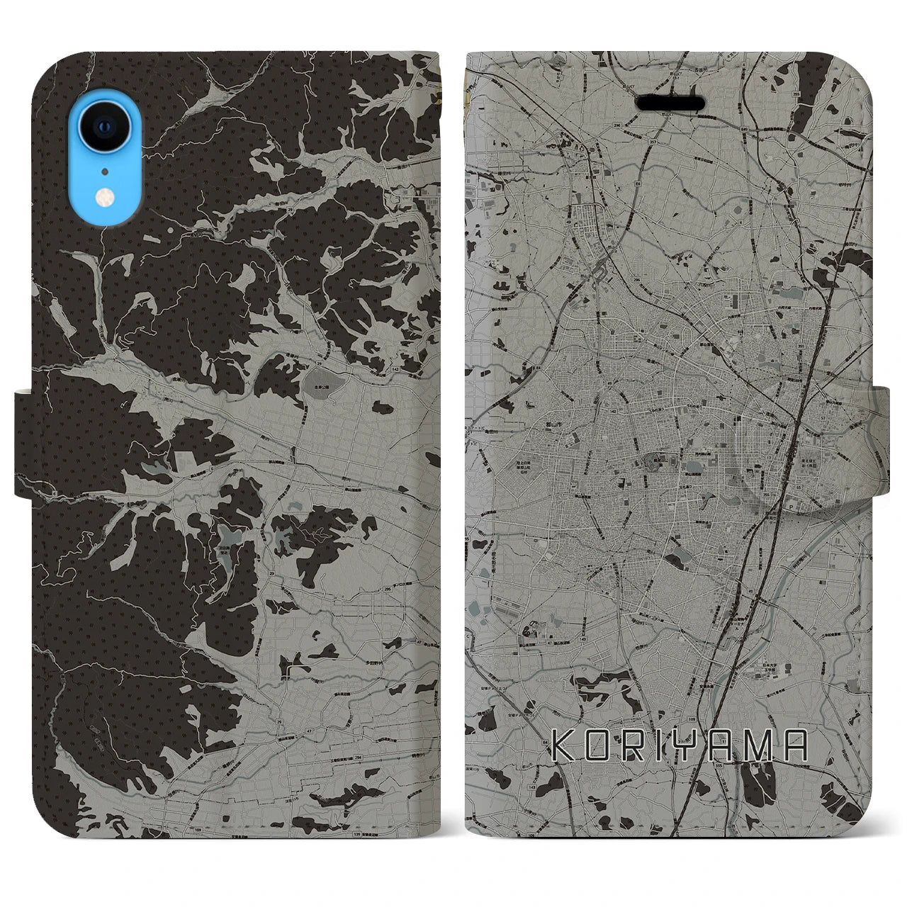 【郡山(福島県)】地図柄iPhoneケース(手帳タイプ)モノトーン・iPhone XR 用
