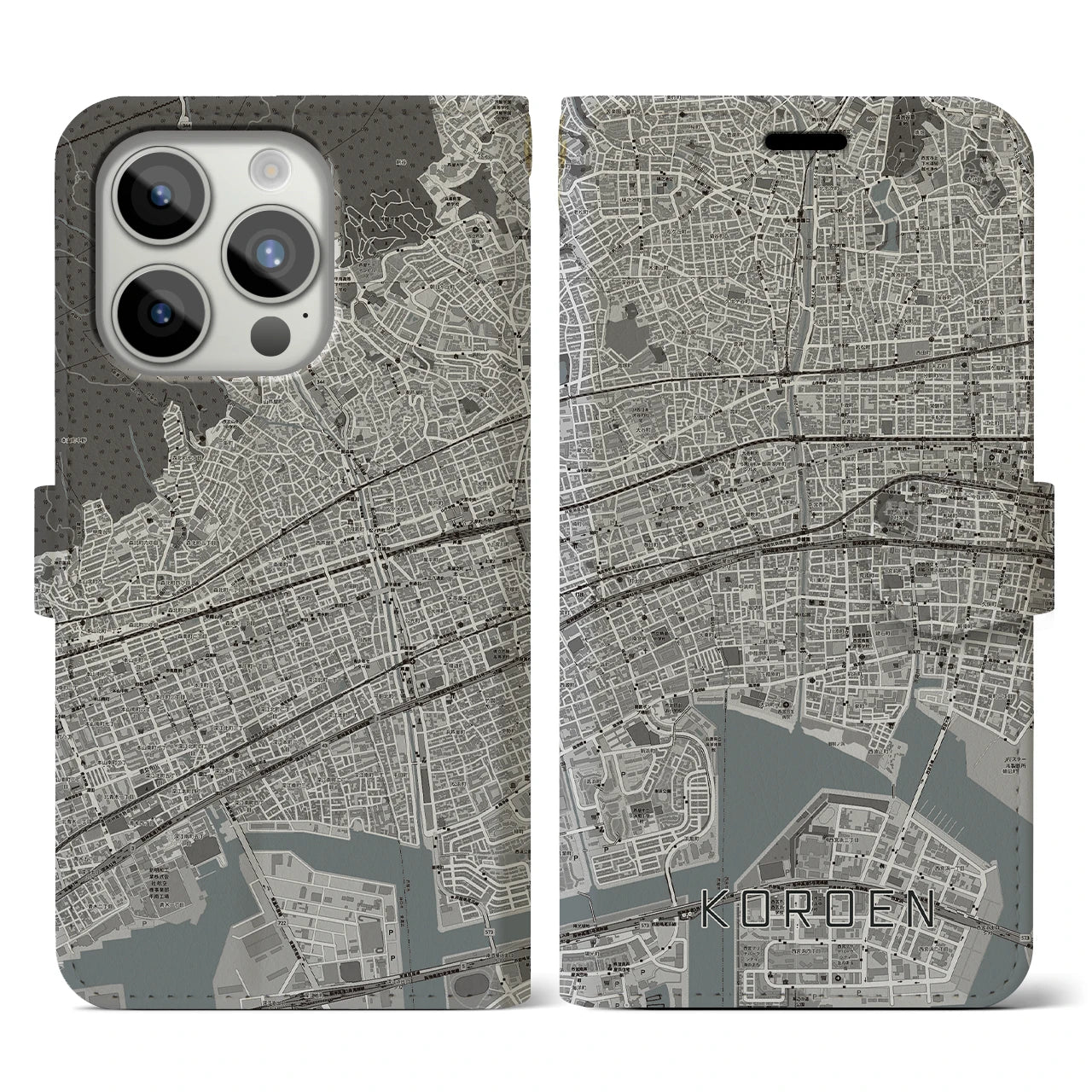 【香櫨園(兵庫県)】地図柄iPhoneケース(手帳タイプ)モノトーン・iPhone 15 Pro 用