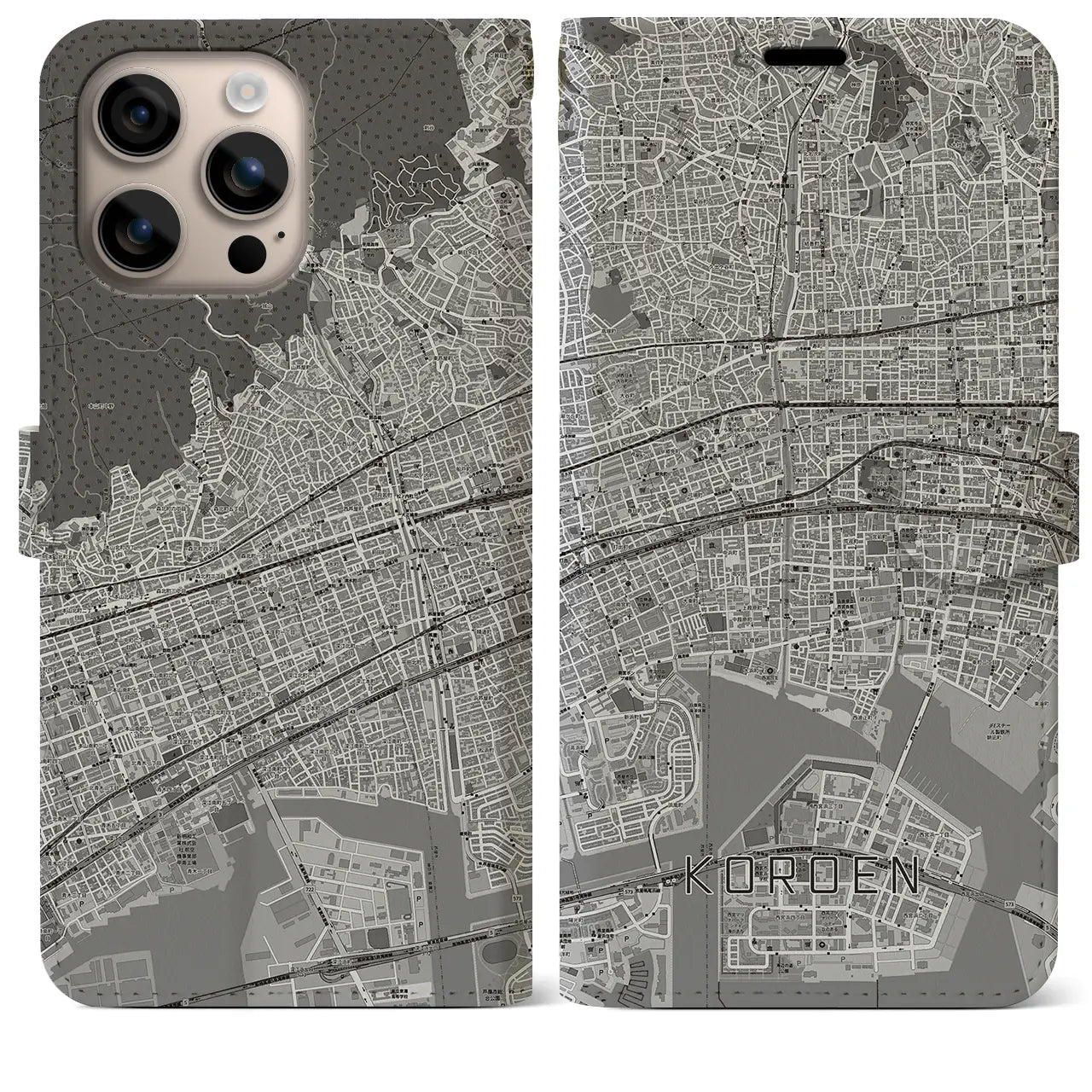 【香櫨園(兵庫県)】地図柄iPhoneケース(手帳タイプ)モノトーン・iPhone 16 Plus 用