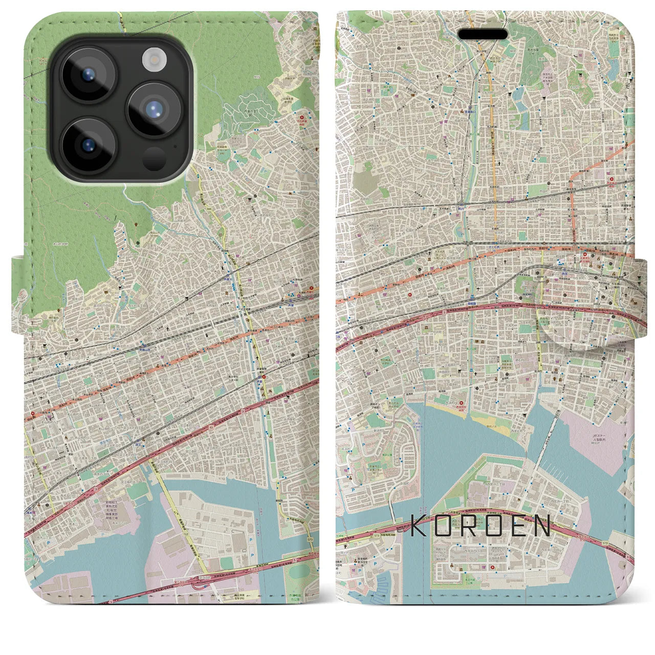 【香櫨園(兵庫県)】地図柄iPhoneケース(手帳タイプ)ナチュラル・iPhone 15 Pro Max 用