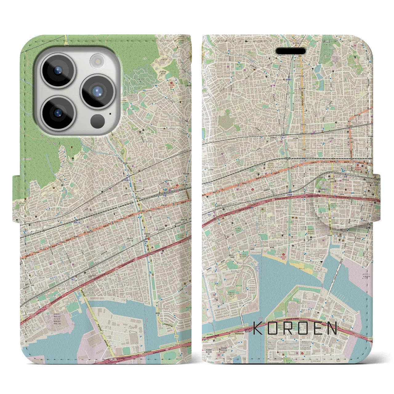 【香櫨園(兵庫県)】地図柄iPhoneケース(手帳タイプ)ナチュラル・iPhone 15 Pro 用