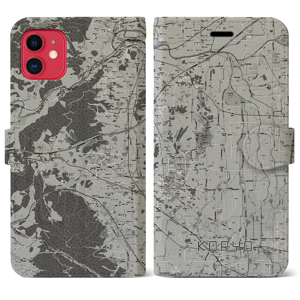 【広陵(奈良県)】地図柄iPhoneケース(手帳タイプ)モノトーン・iPhone 11 用