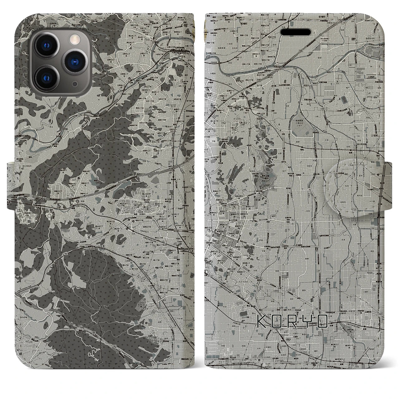 【広陵(奈良県)】地図柄iPhoneケース(手帳タイプ)モノトーン・iPhone 11 Pro Max 用