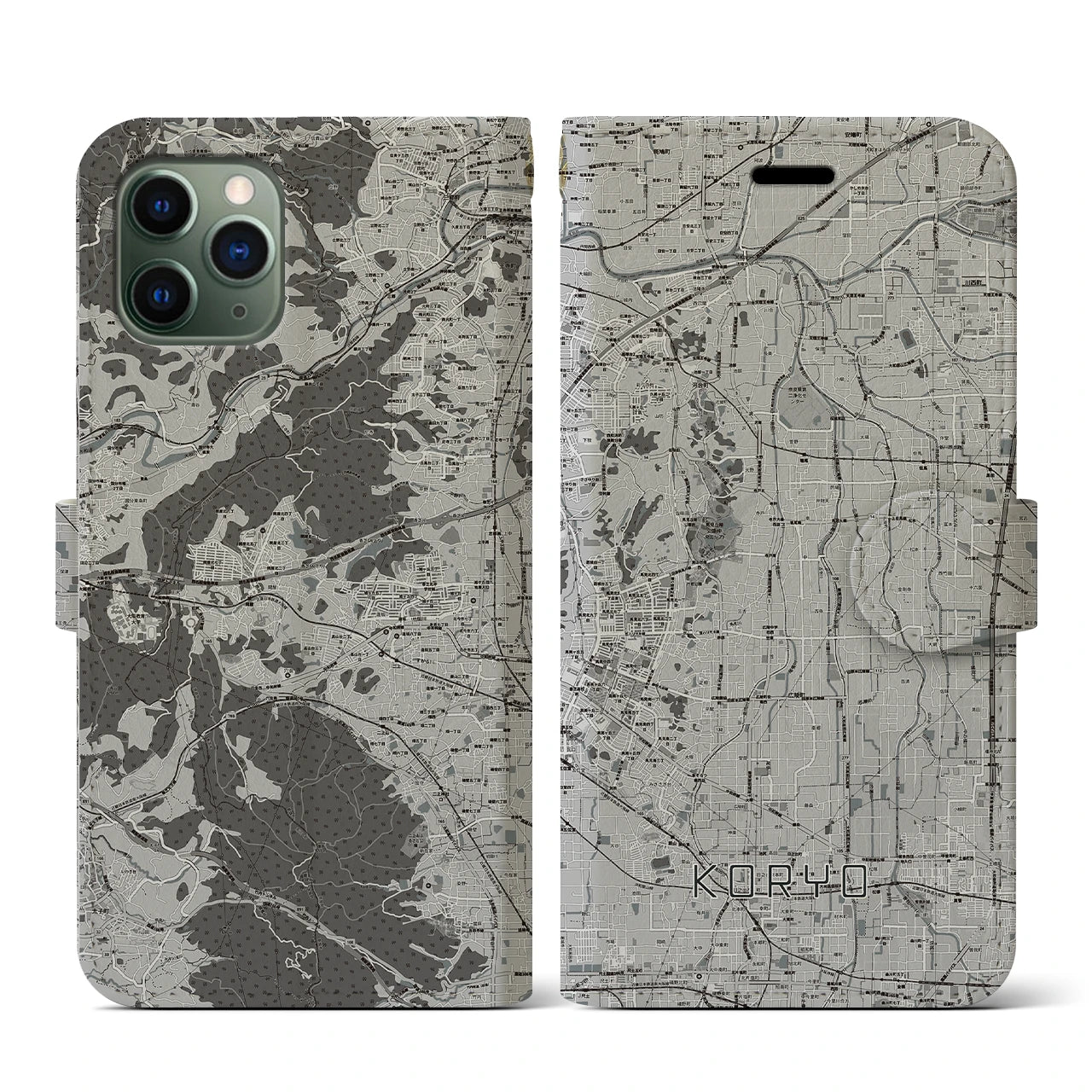 【広陵(奈良県)】地図柄iPhoneケース(手帳タイプ)モノトーン・iPhone 11 Pro 用