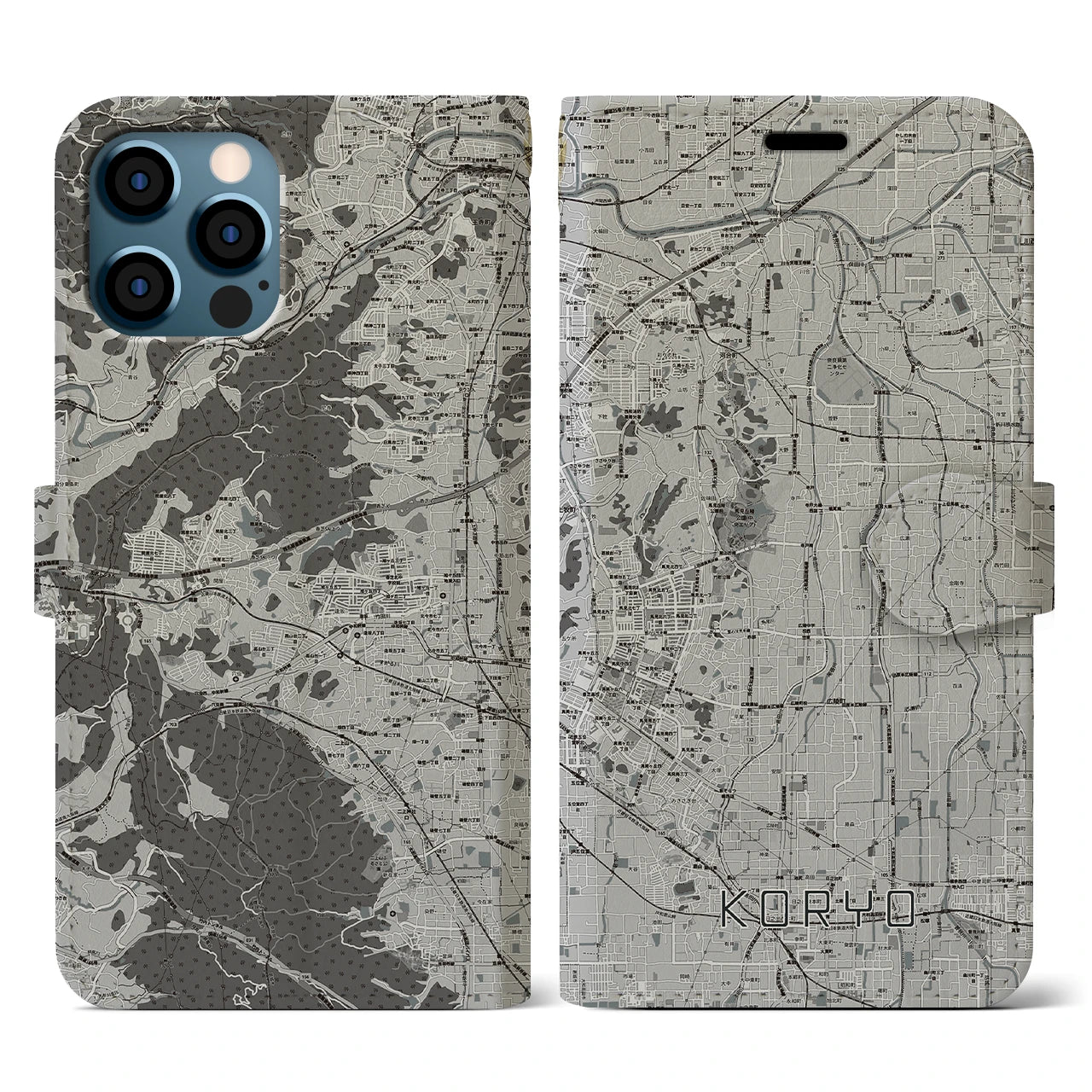 【広陵(奈良県)】地図柄iPhoneケース(手帳タイプ)モノトーン・iPhone 12 / 12 Pro 用