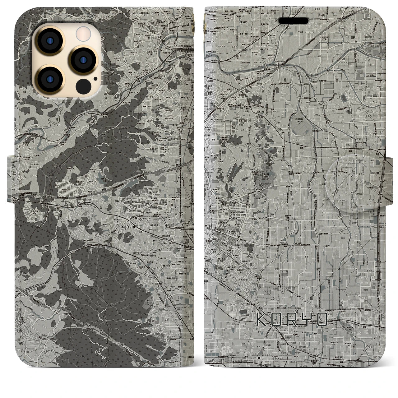 【広陵(奈良県)】地図柄iPhoneケース(手帳タイプ)モノトーン・iPhone 12 Pro Max 用