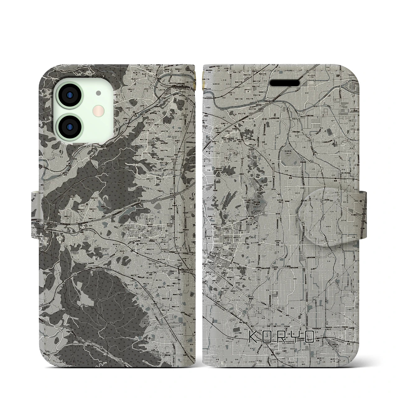 【広陵(奈良県)】地図柄iPhoneケース(手帳タイプ)モノトーン・iPhone 12 mini 用