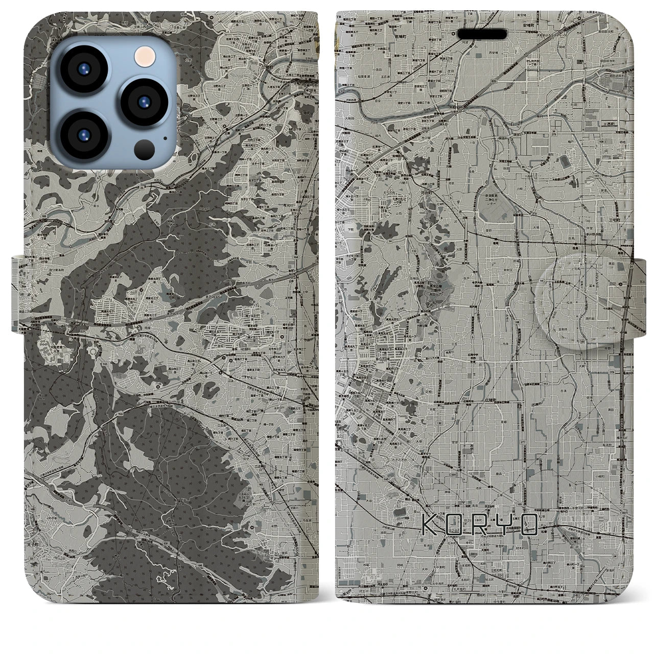 【広陵(奈良県)】地図柄iPhoneケース(手帳タイプ)モノトーン・iPhone 13 Pro Max 用