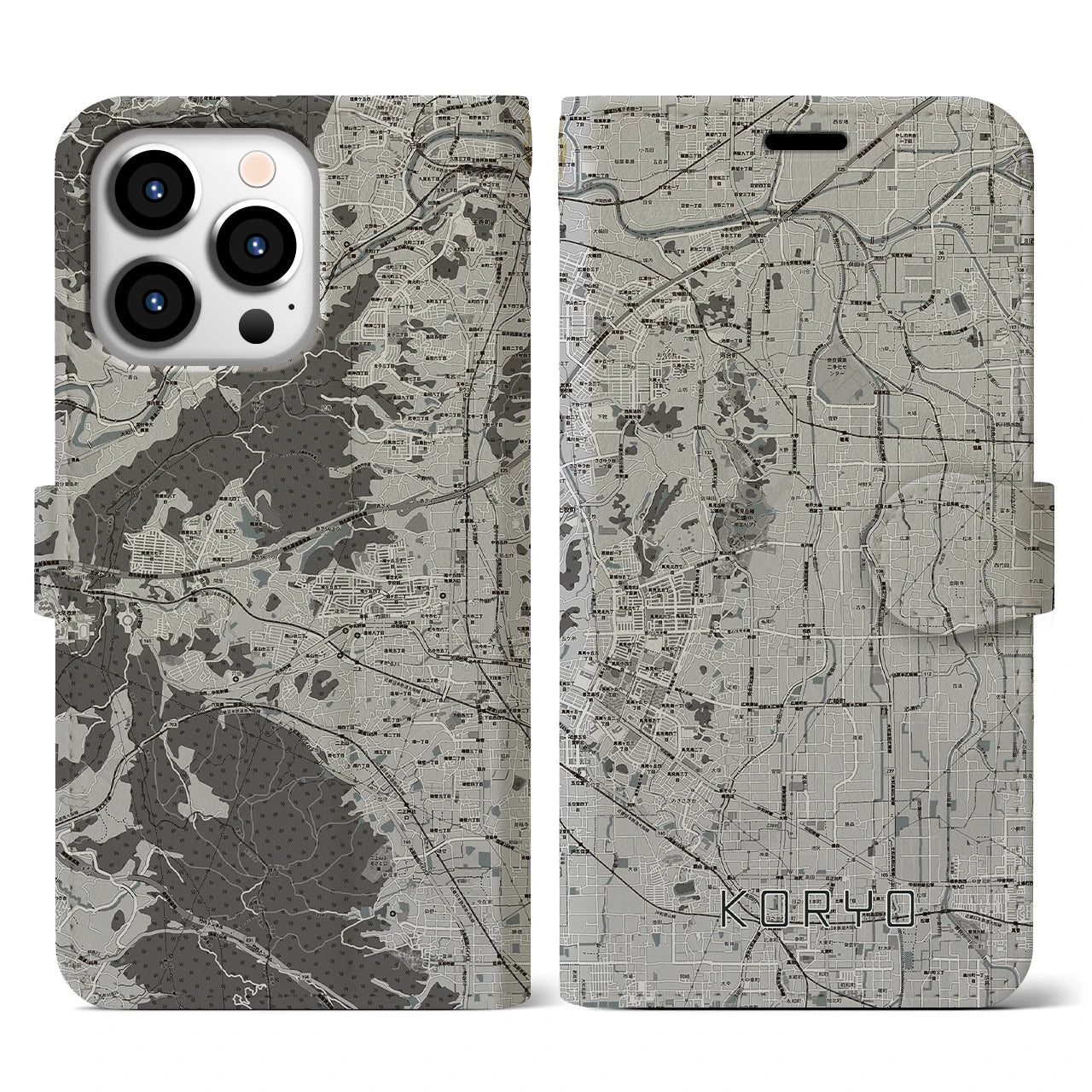 【広陵(奈良県)】地図柄iPhoneケース(手帳タイプ)モノトーン・iPhone 13 Pro 用